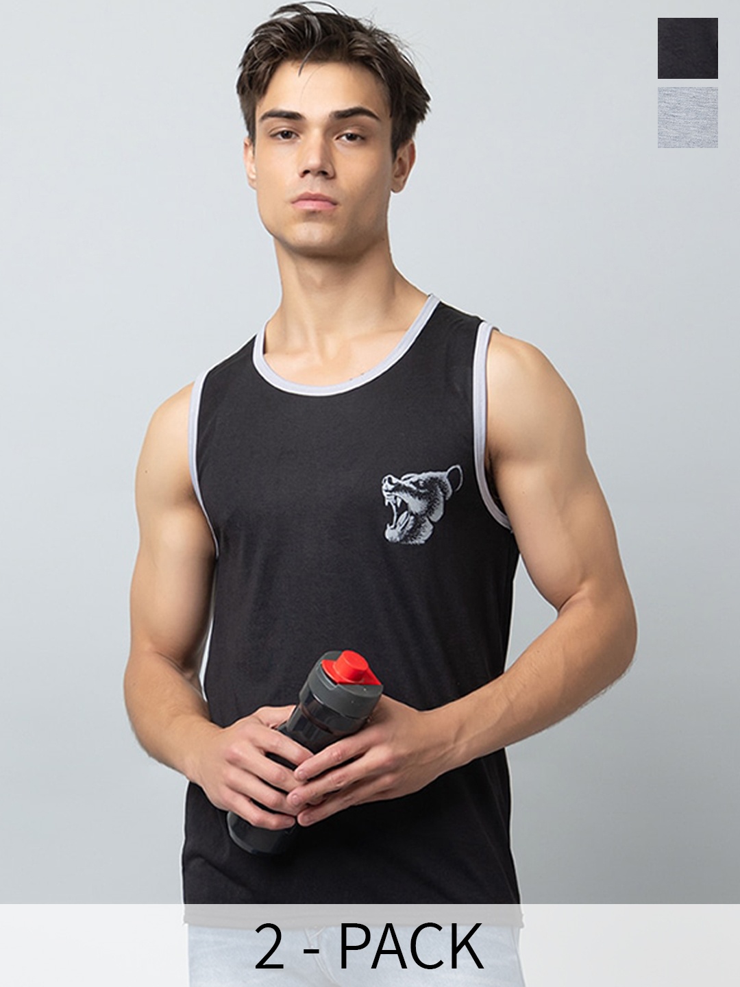 

Looks United Pack Of 2 Printed Cotton Innerwear Vests, Black