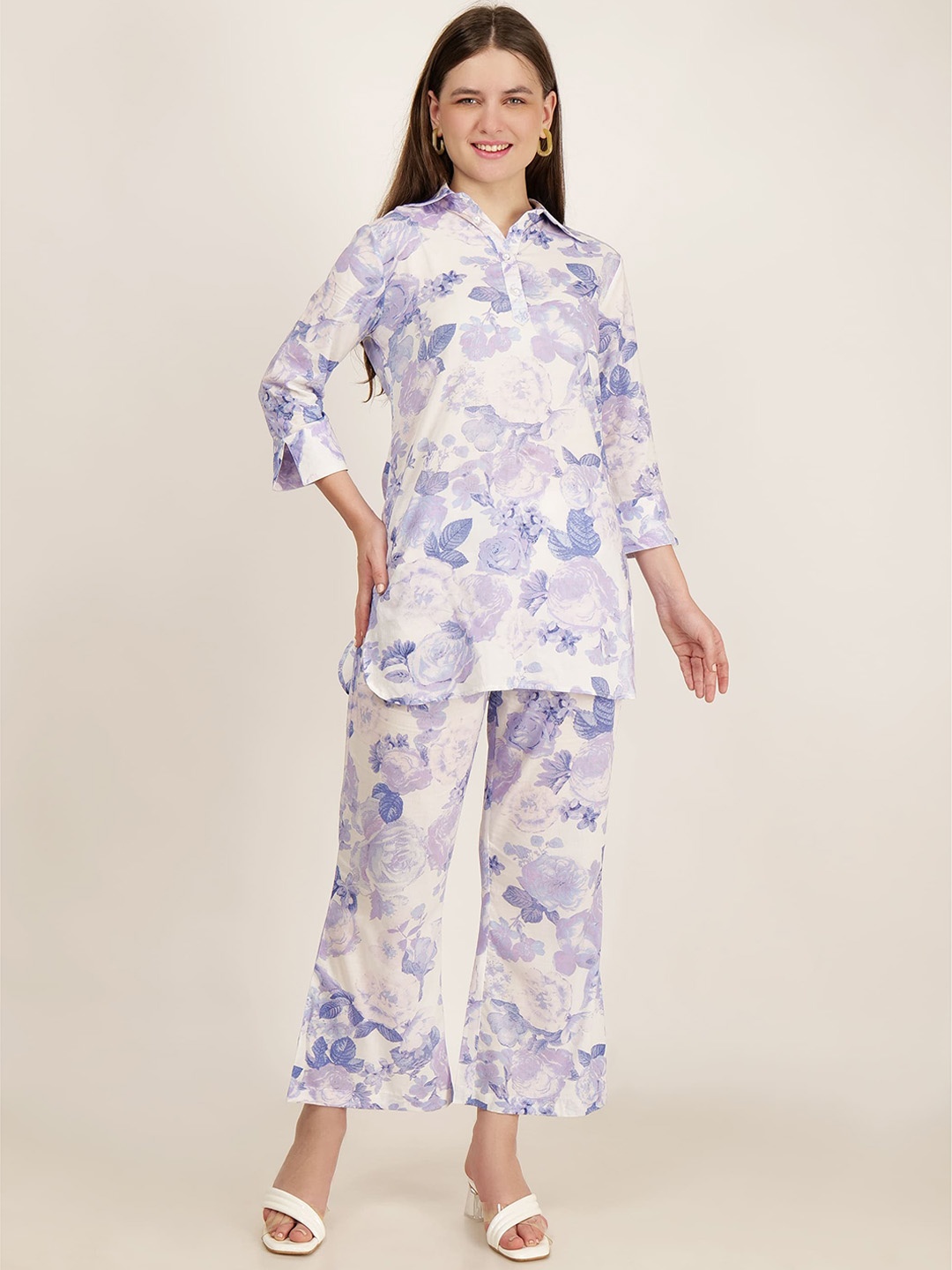 

Gargistyle Floral Printed Spread Collar Casual Straight Tunic & Trousers, Purple