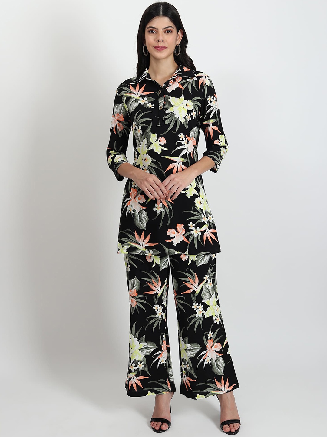 

Gargistyle Floral Printed Shirt Collar Casual Tunic & Trousers, Black