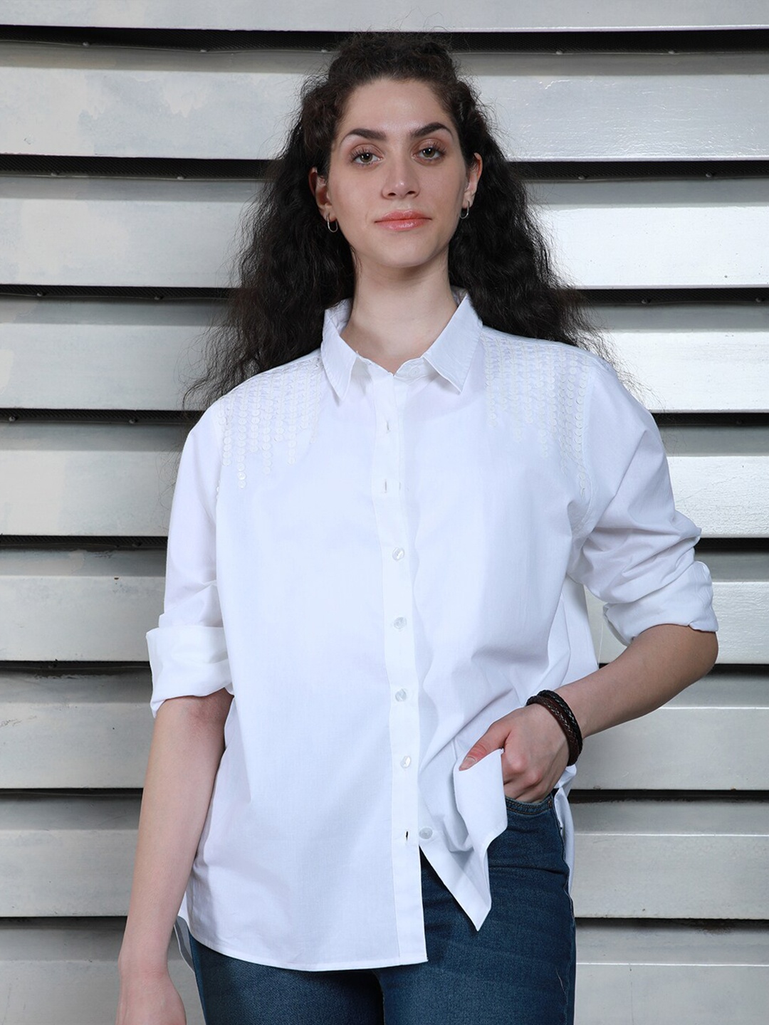 High Star Classic Spread Collar Embellished Cotton Oversized Casual Shirt, White