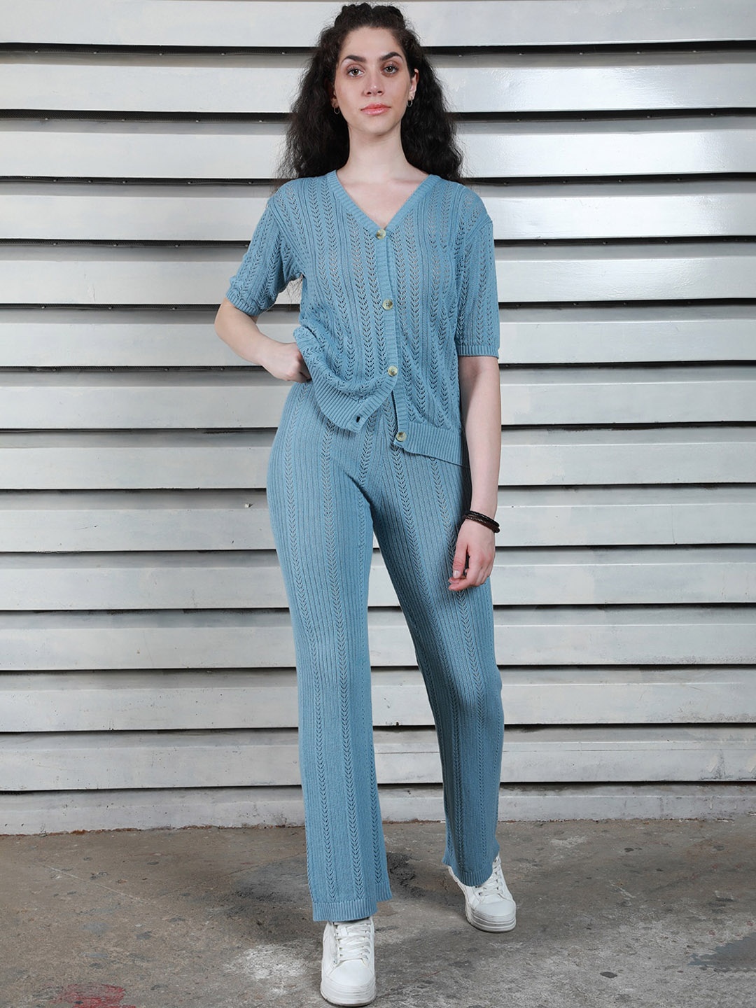 

High Star Pure Cotton crochet V-Neck Top With Trousers Co-Ords, Blue