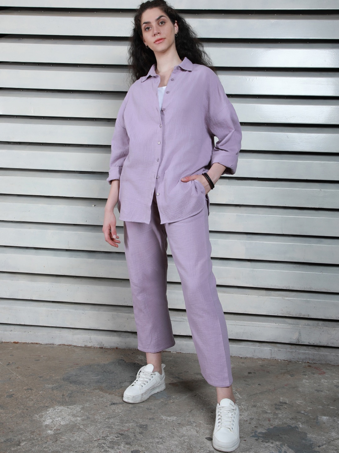 

High Star Long Sleeves Pure Cotton Shirt With Trousers Textured Co-ord set, Purple
