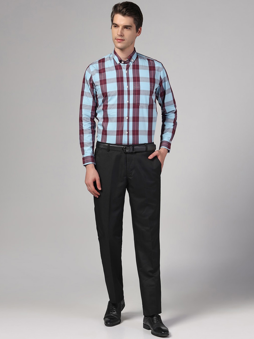 

TAHVO Windowpane Checked Button-Down Collar Formal Shirt With Trousers, Blue