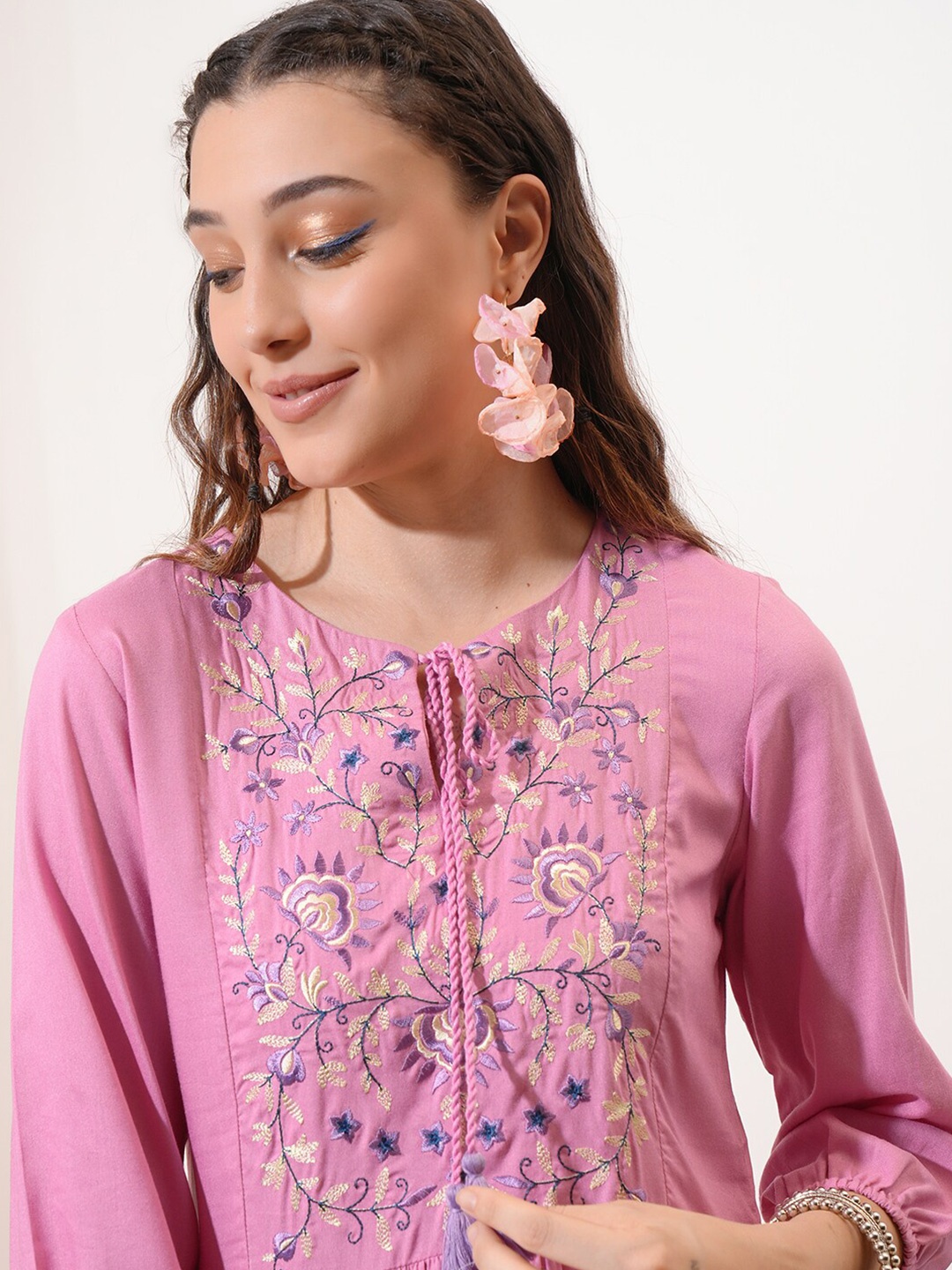 

Vishudh Floral Embroidered Tie-Up Neck Puff Sleeves Fit & Flare Dress, Pink
