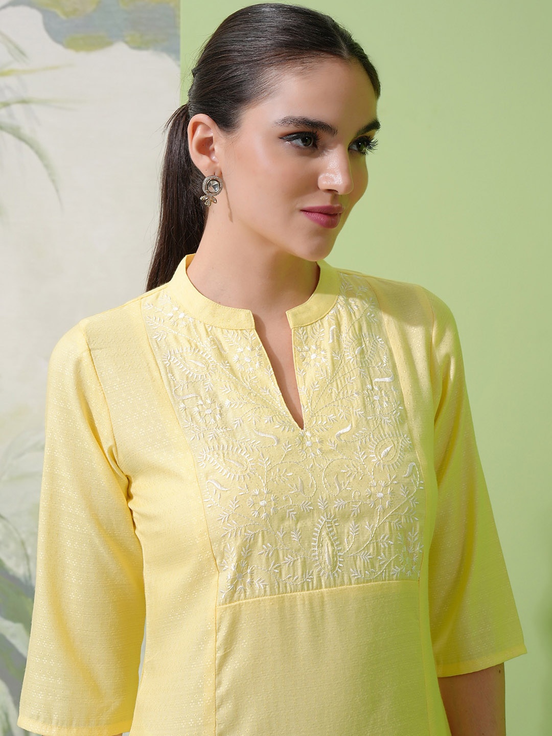 

Vishudh Yellow Floral Yoke Design Mandarin Collar Thread Work A-Line Kurta