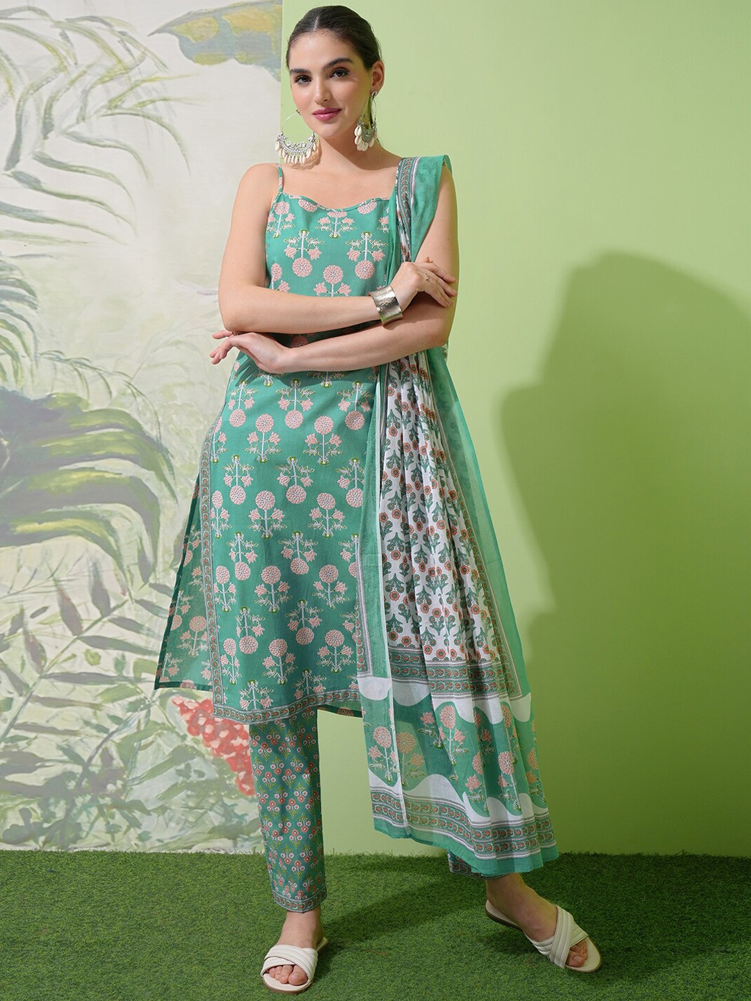 

Vishudh Floral Printed Regular Pure Cotton Straight Kurta with Trousers & Dupatta, Green