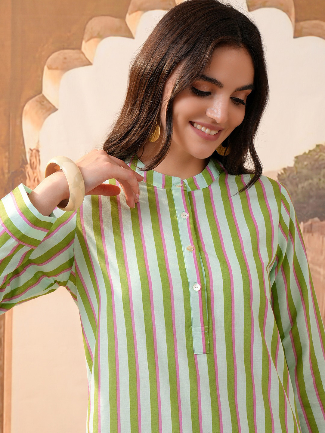 

Vishudh White Striped Band Collar Pure Cotton Casual Tunic With Trousers