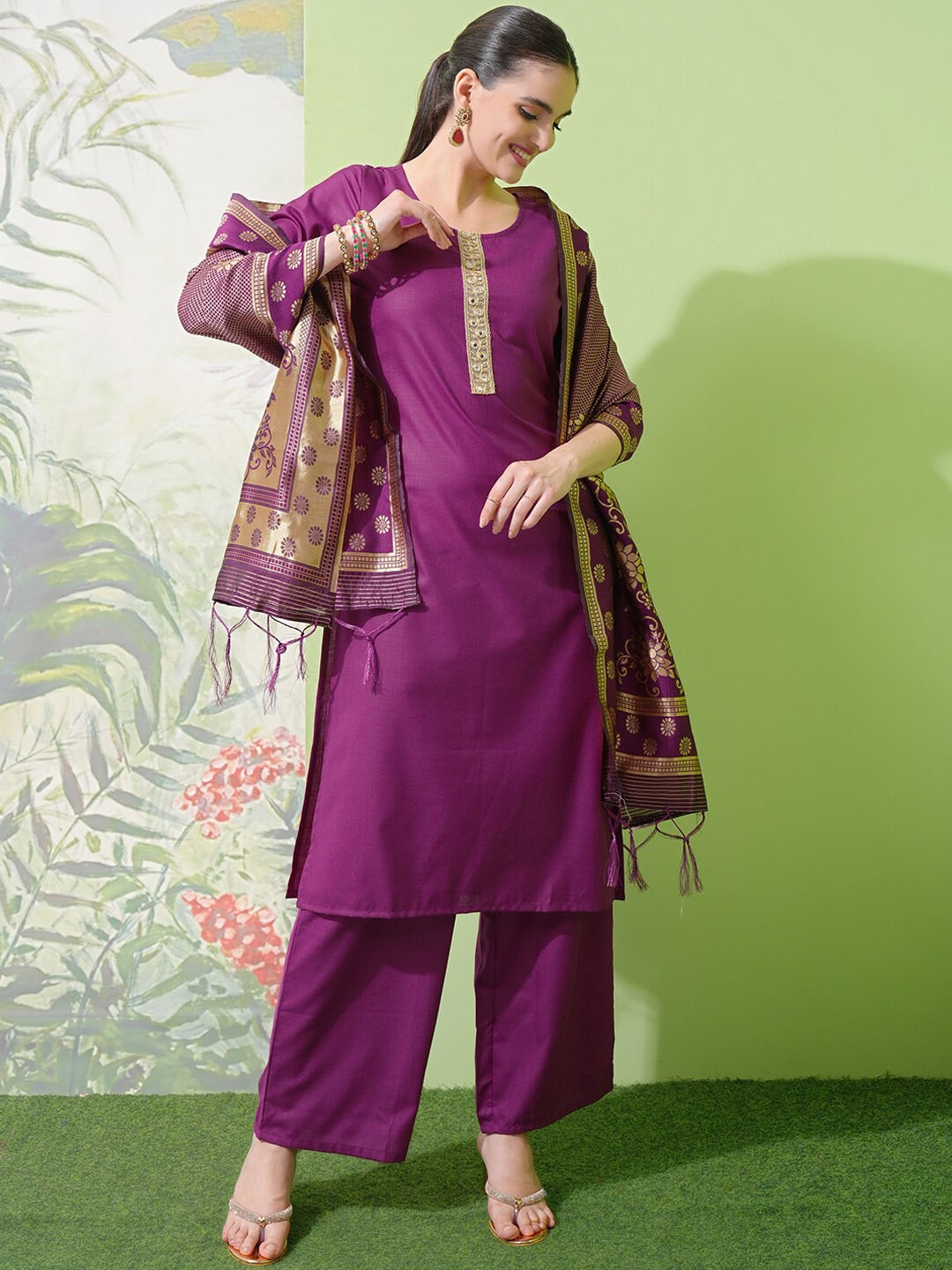 

Vishudh Purple Yoke Design Thread Work Straight Kurta With Palazzos & Dupatta