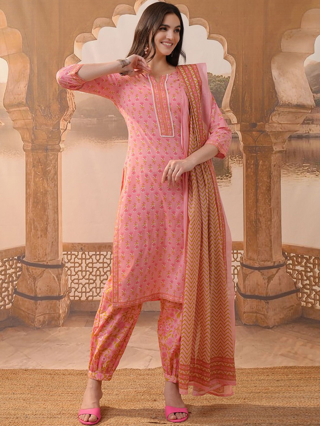 

Vishudh Pink Floral Printed Pure Cotton Straight Kurta With Salwar & Dupatta