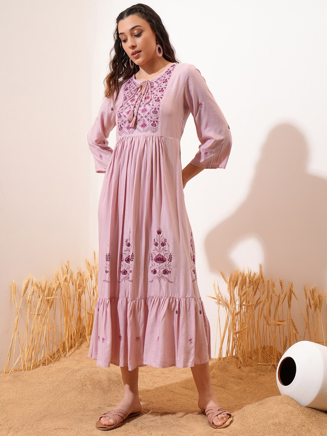 

Vishudh Floral Embroidered A-Line Midi Dress, Pink
