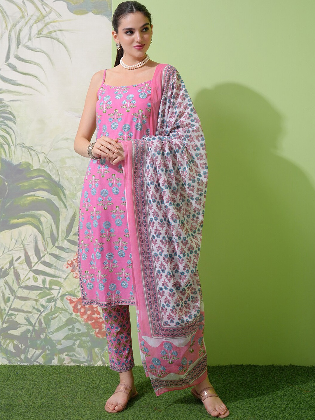 

Vishudh Floral Printed Shoulder Straps Pure Cotton Straight Kurta with Trousers & Dupatta, Pink