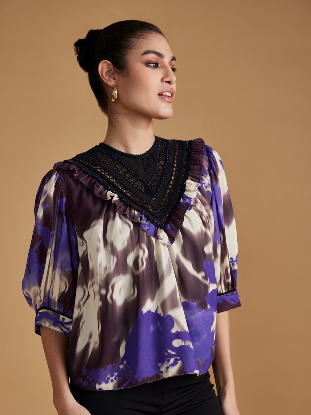 

VERB BY PALLAVI SINGHEE Print Keyhole Neck Puff Sleeve Top, Multi