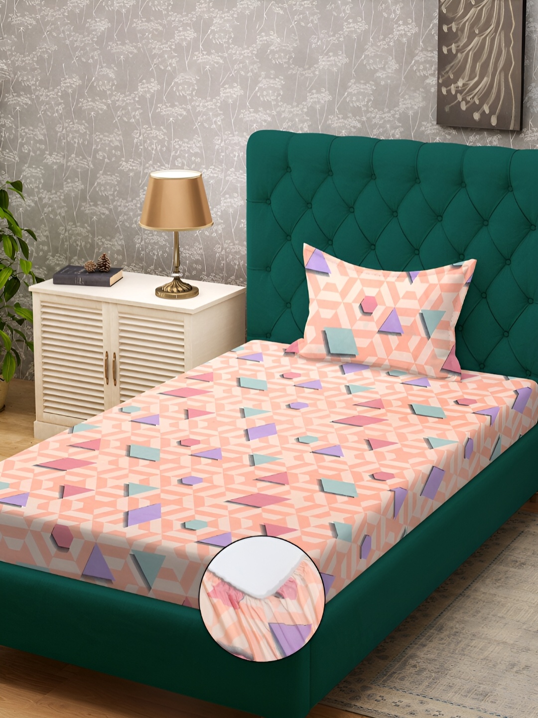 

KLOTTHE Peach & Green Geometric Printed 300 TC Fitted Single Bedsheet With 1 Pillow Cover