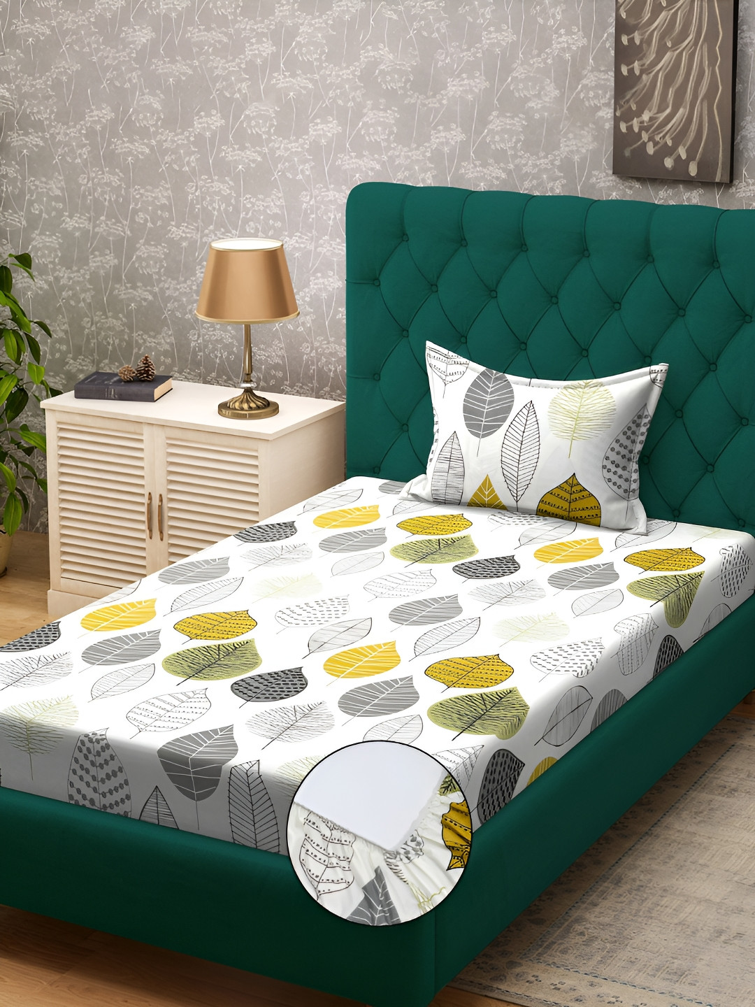 

KLOTTHE Cream & Green Floral-Printed 300 TC Fitted Single Bedsheet & 1 Pillow Cover