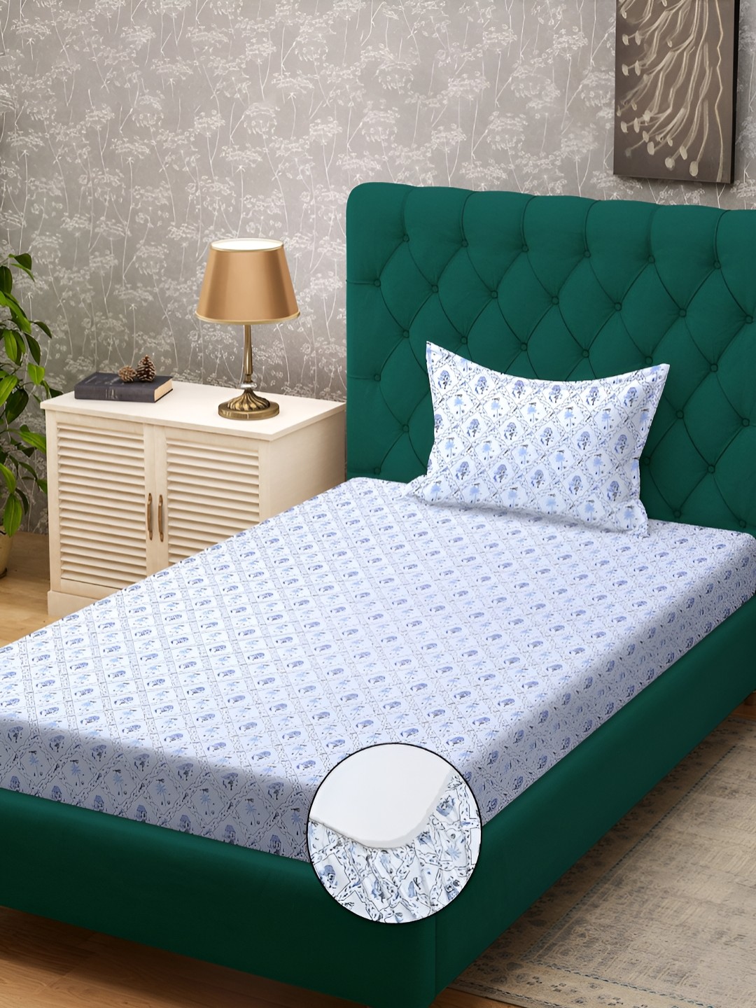 

KLOTTHE Floral Printed 300 TC Cotton Blend Fitted Single Bedsheet with Pillow Cover, White