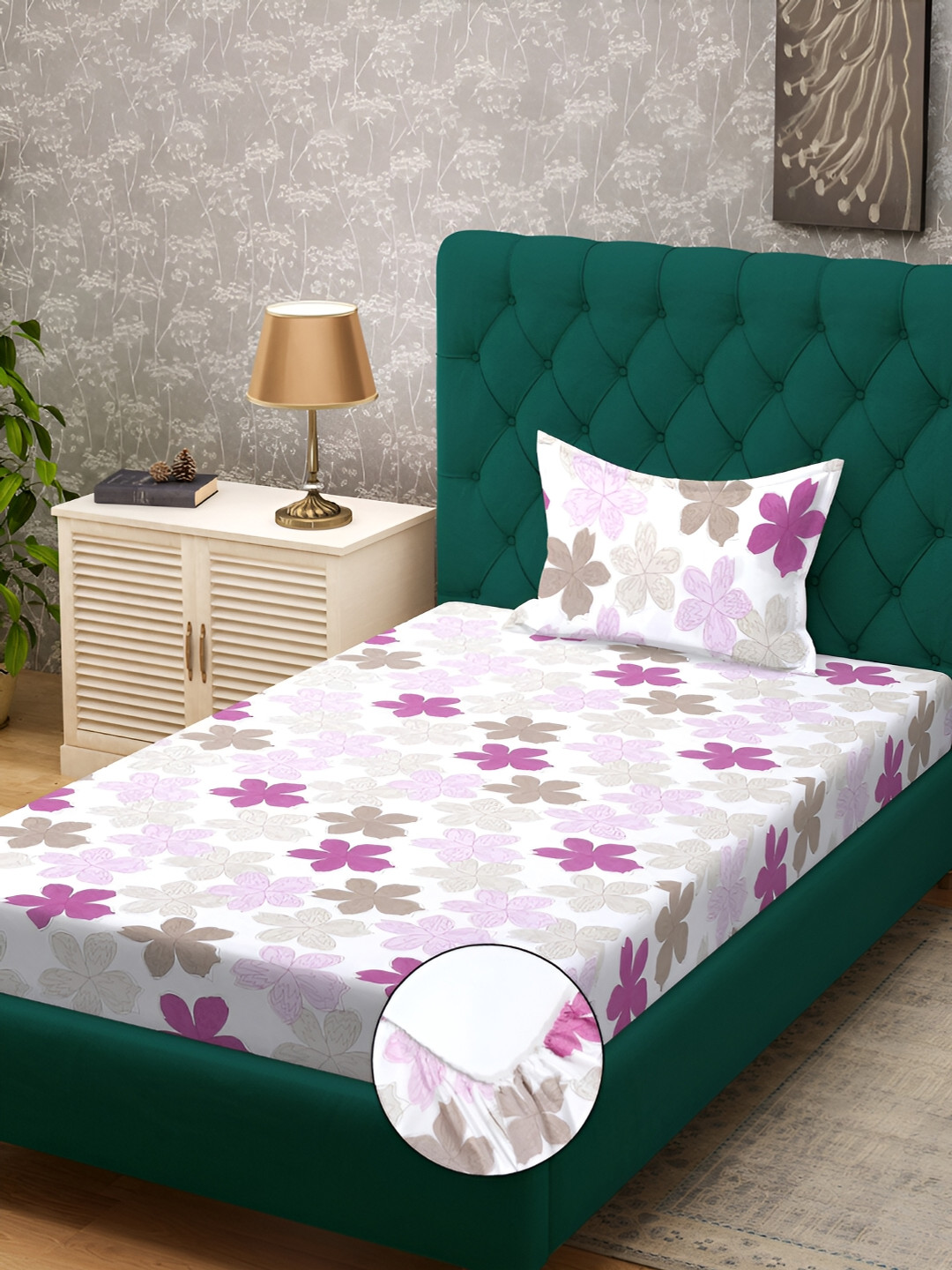

KLOTTHE White & Purple Floral Printed 300 TC Fitted Single Bedsheet & 1 Pillow Cover