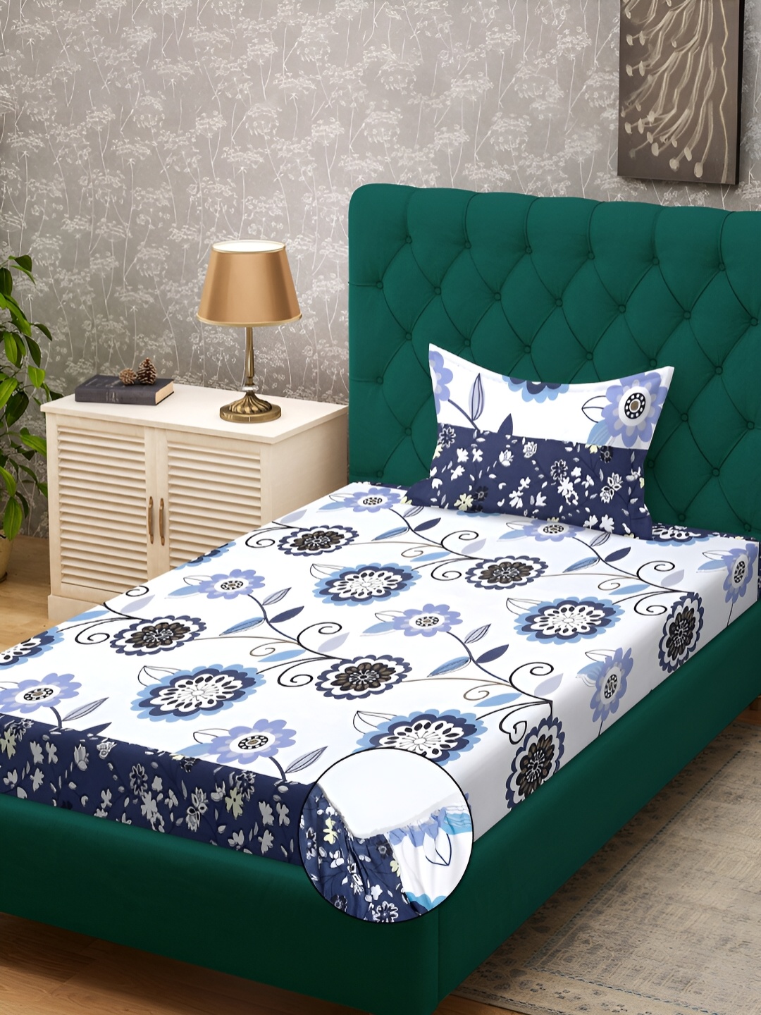 

KLOTTHE White & Blue Floral Printed 300 TC Fitted Single Bedsheet With 1 Pillow Cover