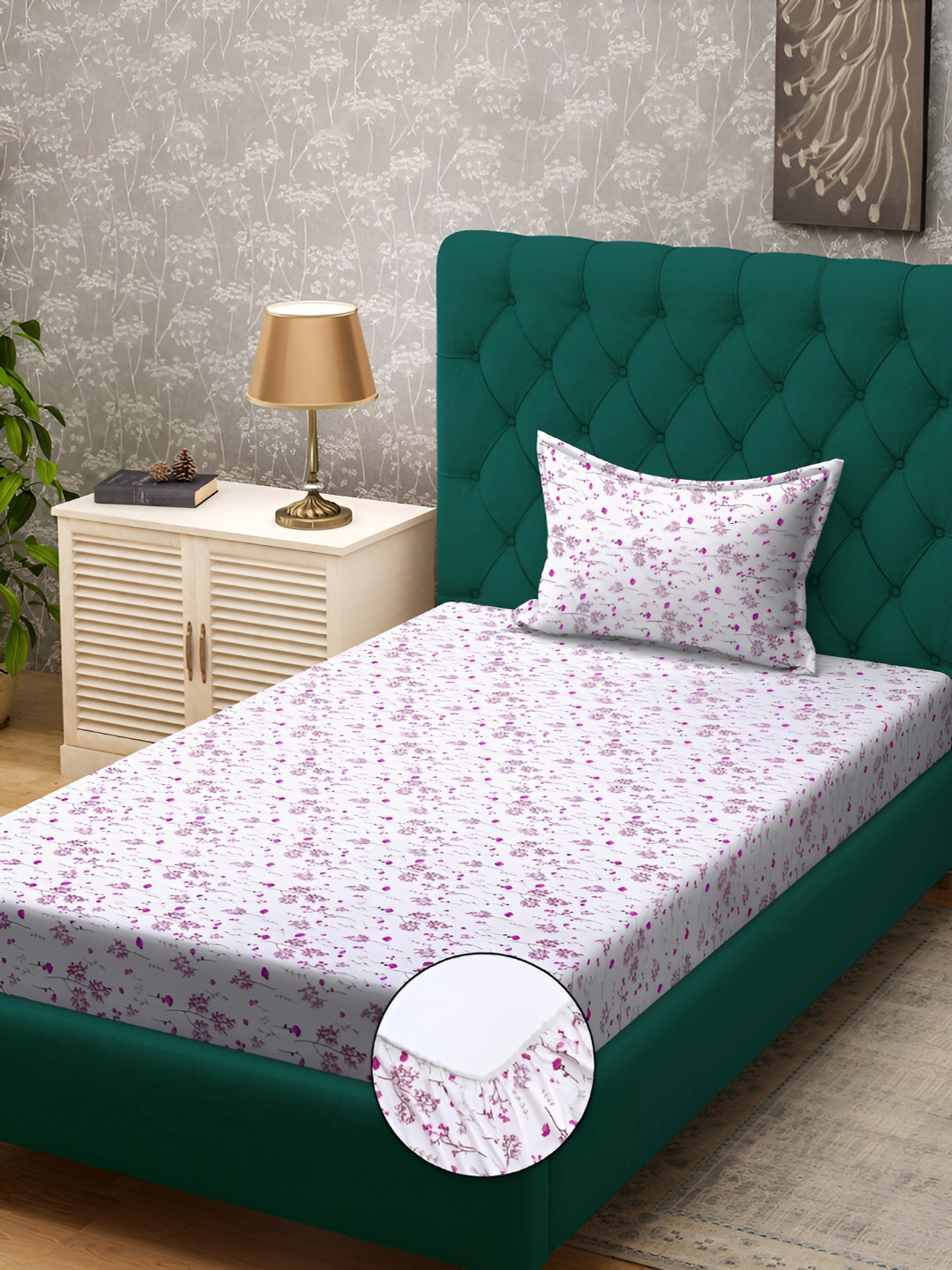 

KLOTTHE White Floral 300 TC Cotton Blend Fitted Single Bedsheet with Pillow Cover