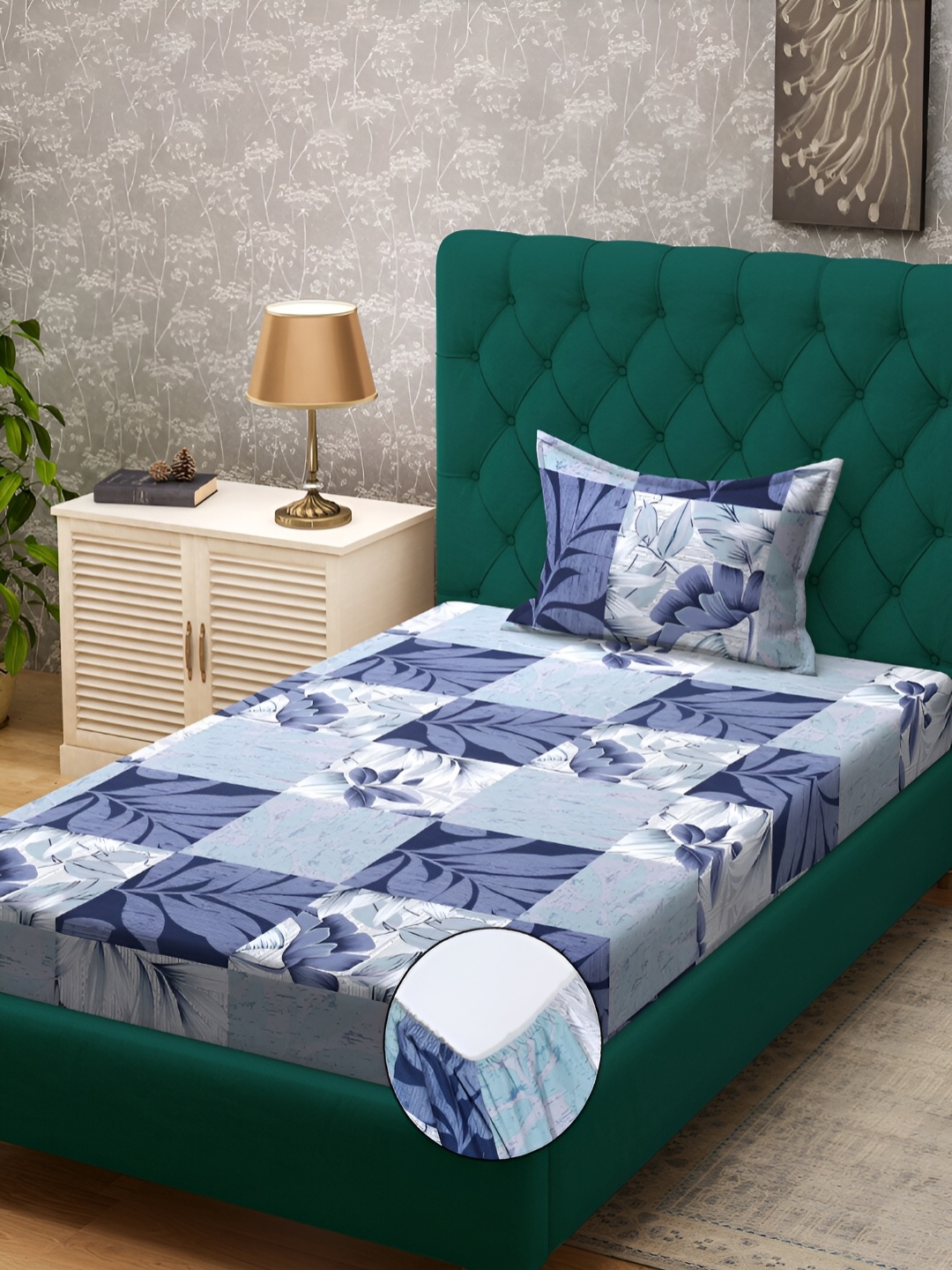 

KLOTTHE Blue Floral-Printed 300TC Fitted Single Bedsheet & Pillow Cover