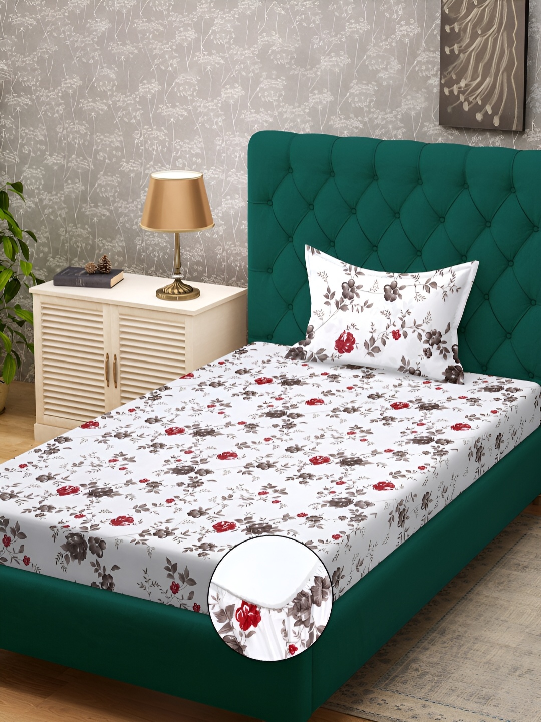 

KLOTTHE White Floral 300 TC Cotton Blend Fitted Single Bedsheet with Pillow Cover