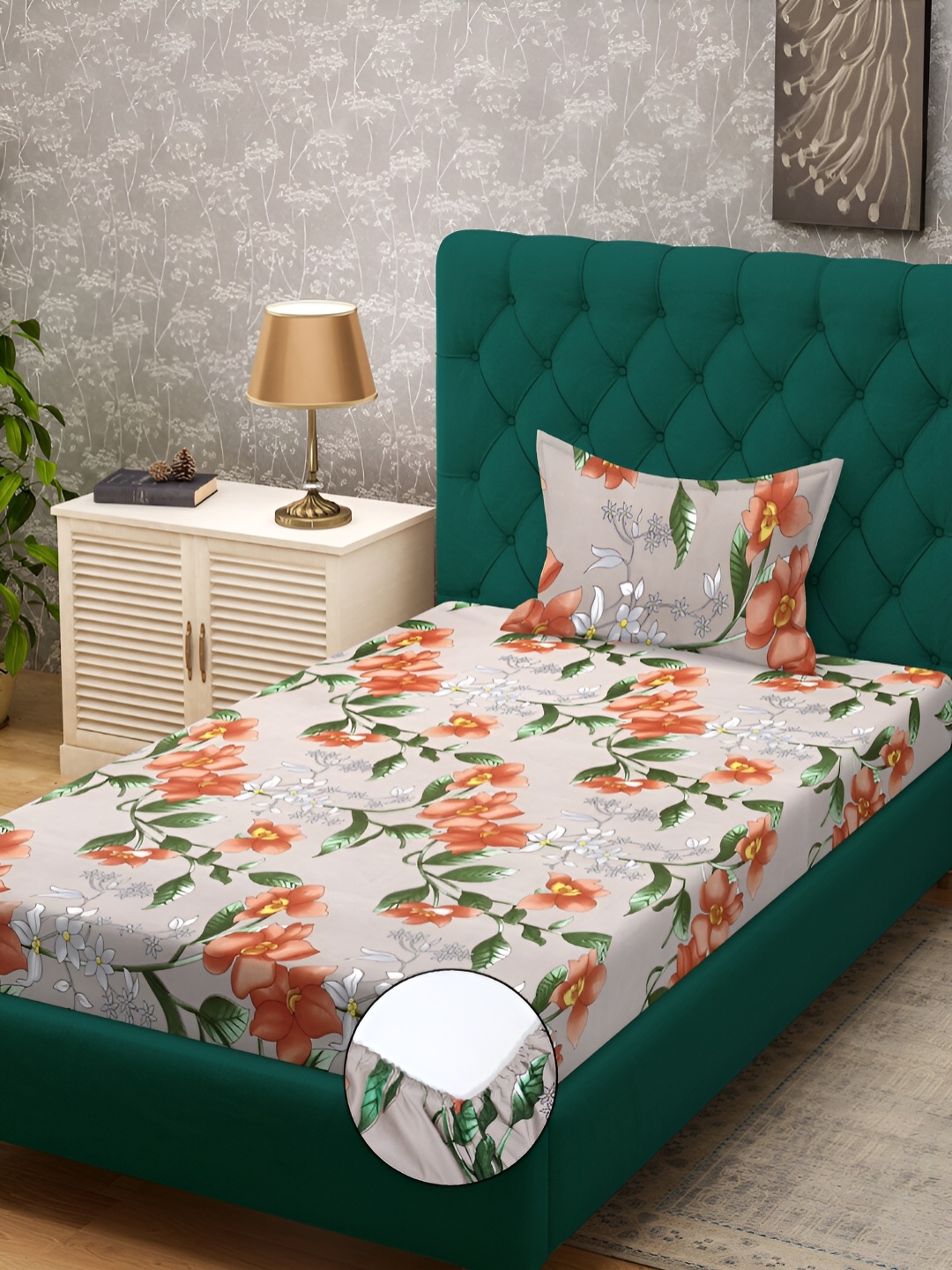 

KLOTTHE Beige Floral 300 TC Cotton Blend Fitted Single Bedsheet with Pillow Cover