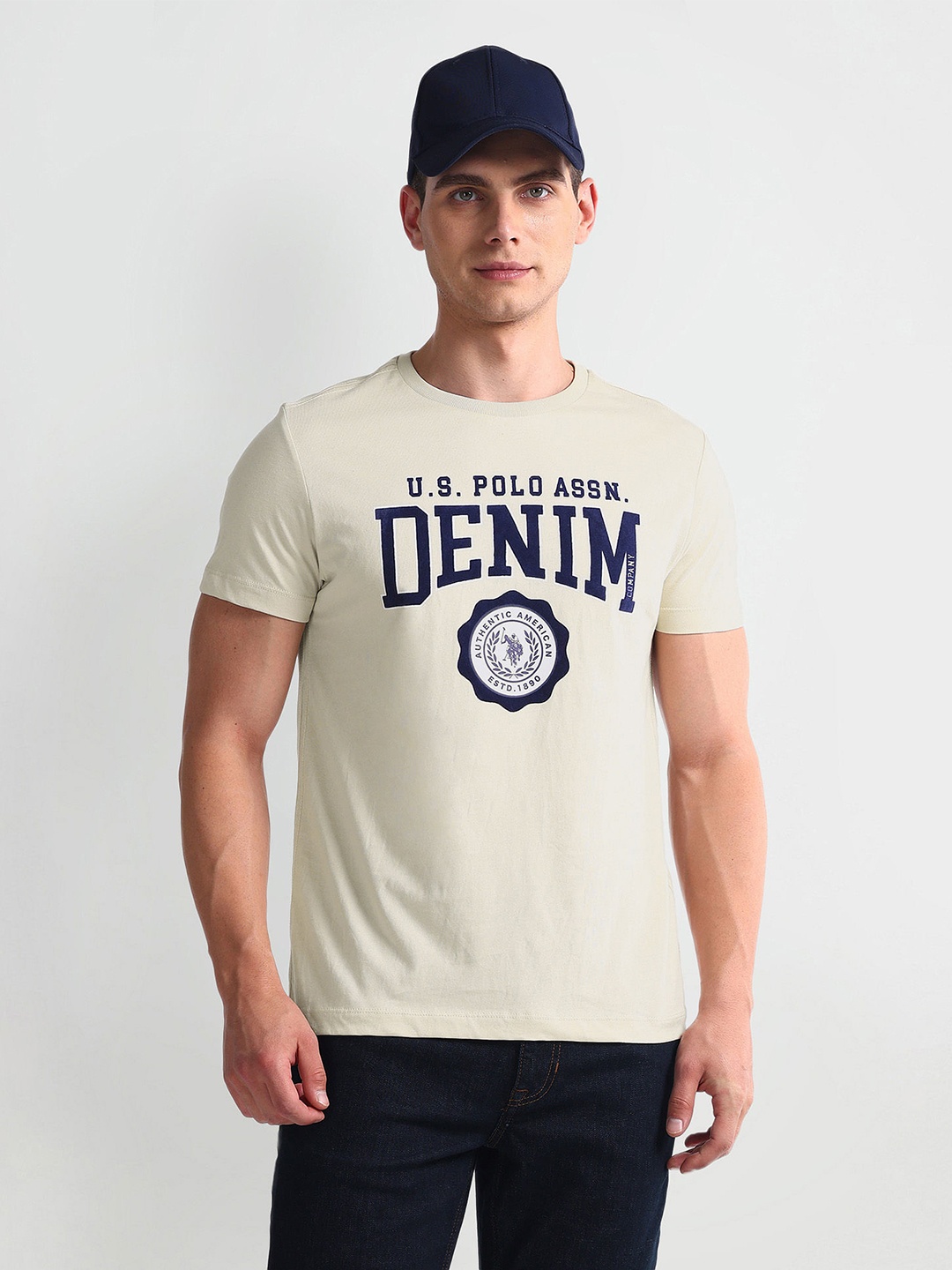 

U.S. Polo Assn. Denim Co. Men Typography Printed Applique Slim Fit T-shirt, Beige