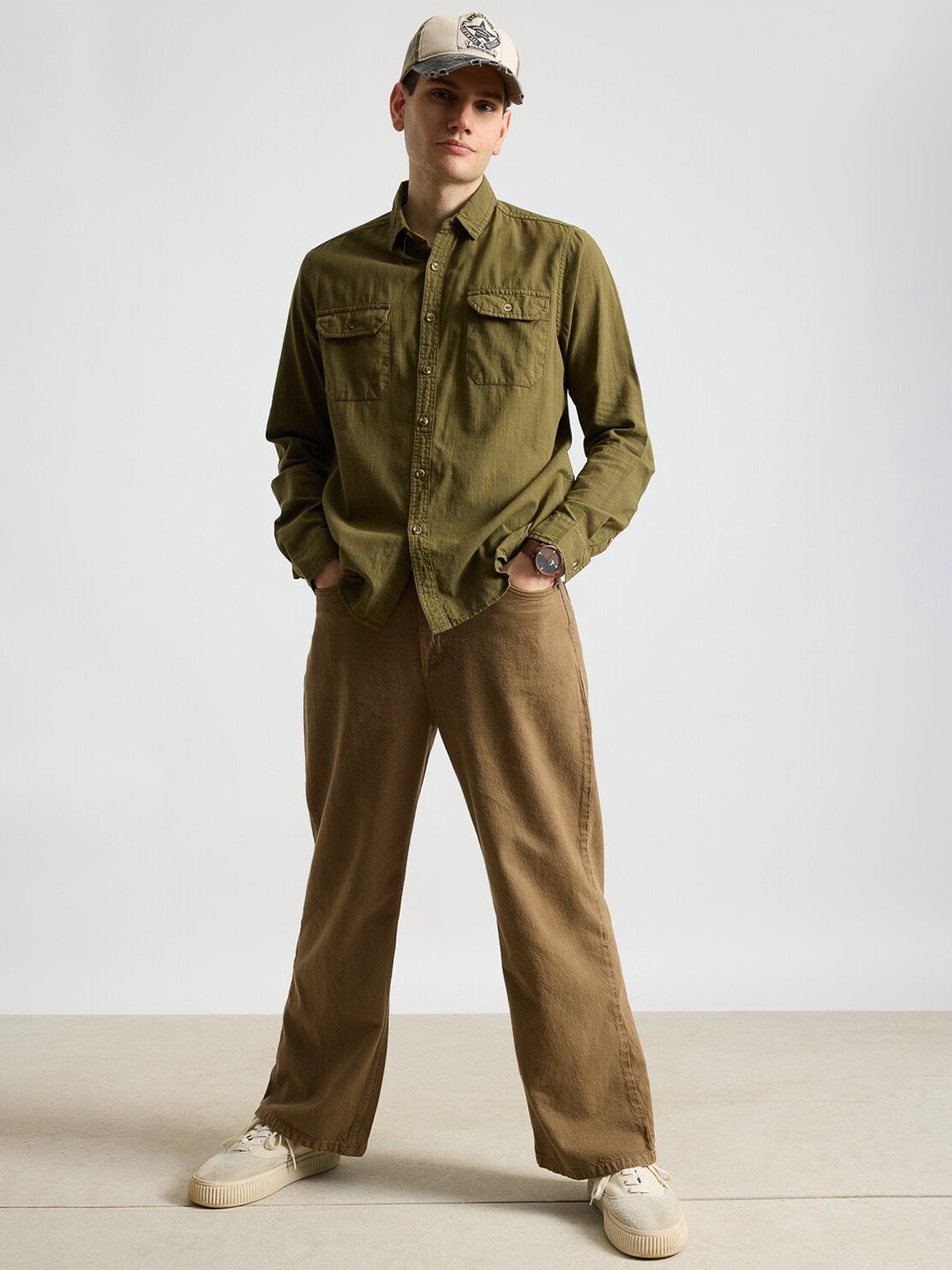 

FREAKINS Blaze Military Olive Green Spread Collar Regular Fit Cotton Casual Shirt