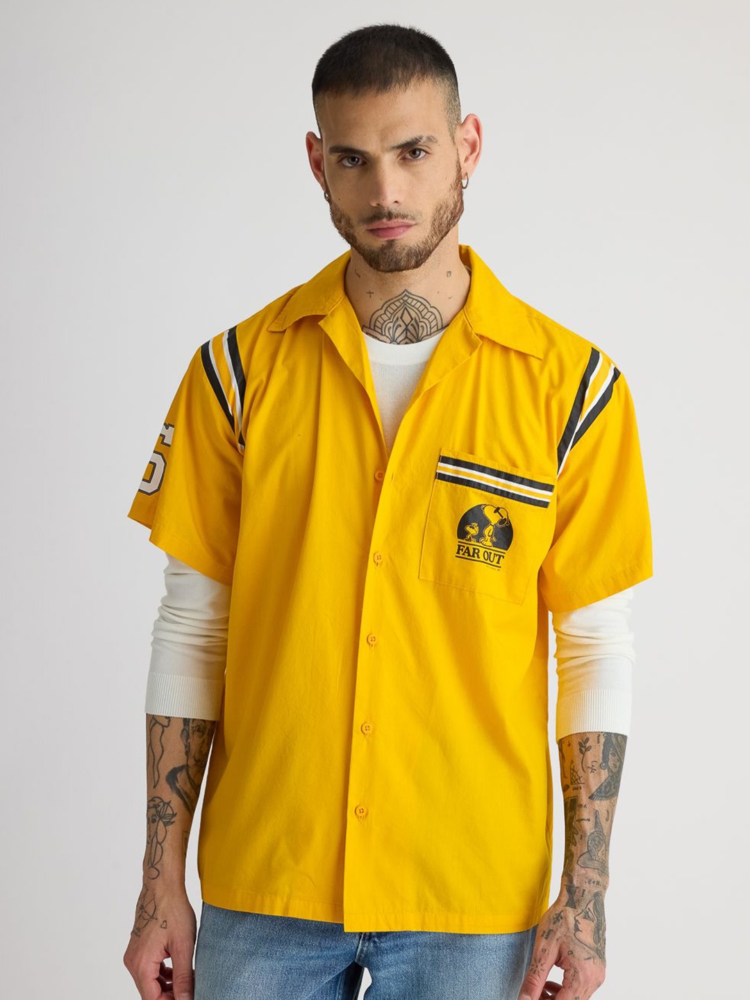 

FREAKINS Spread Collar Graphic Printed Cotton Casual Shirt, Yellow