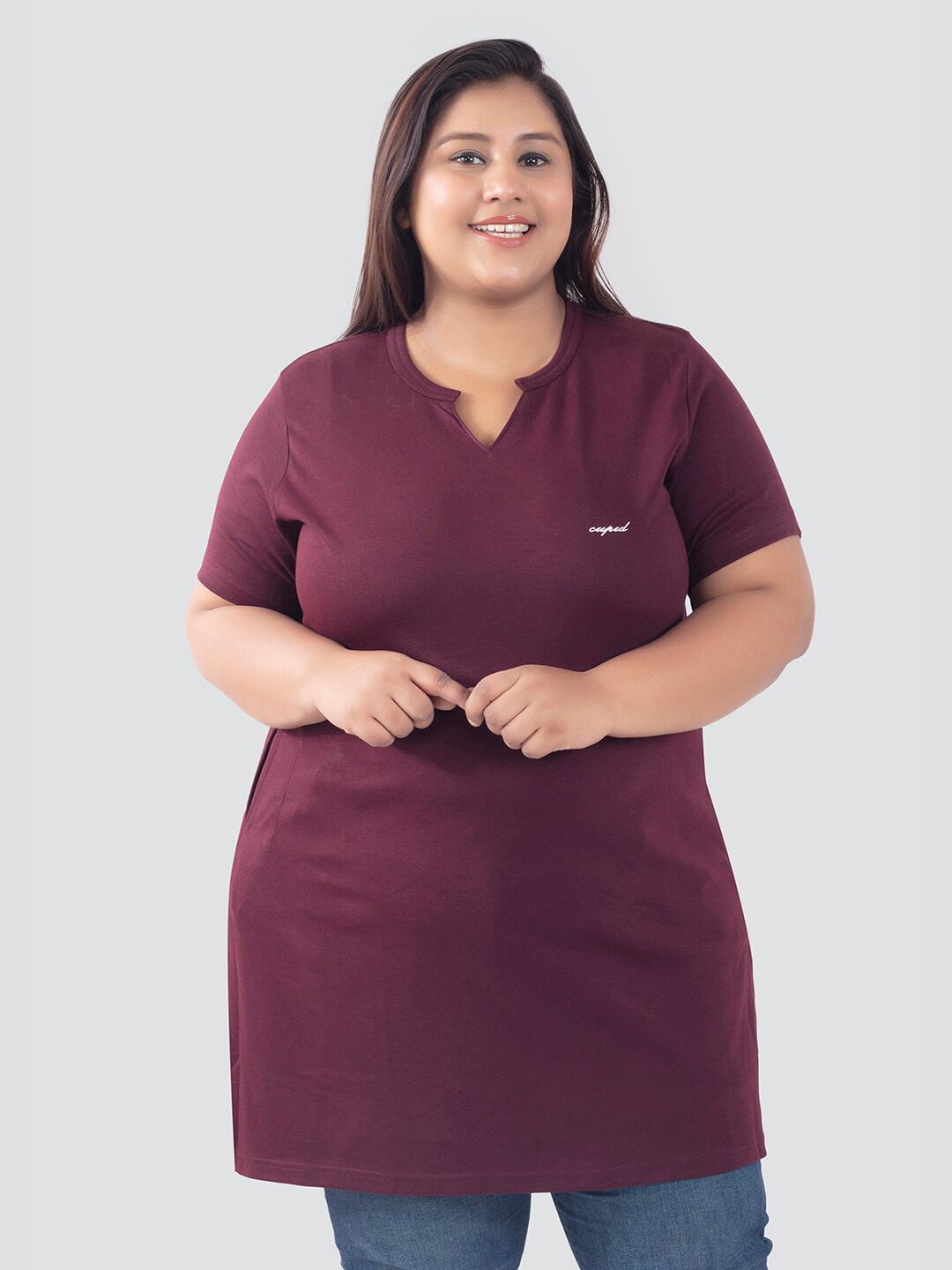 

CUPID V-Neck Solid Short Sleeves Cotton Top, Burgundy