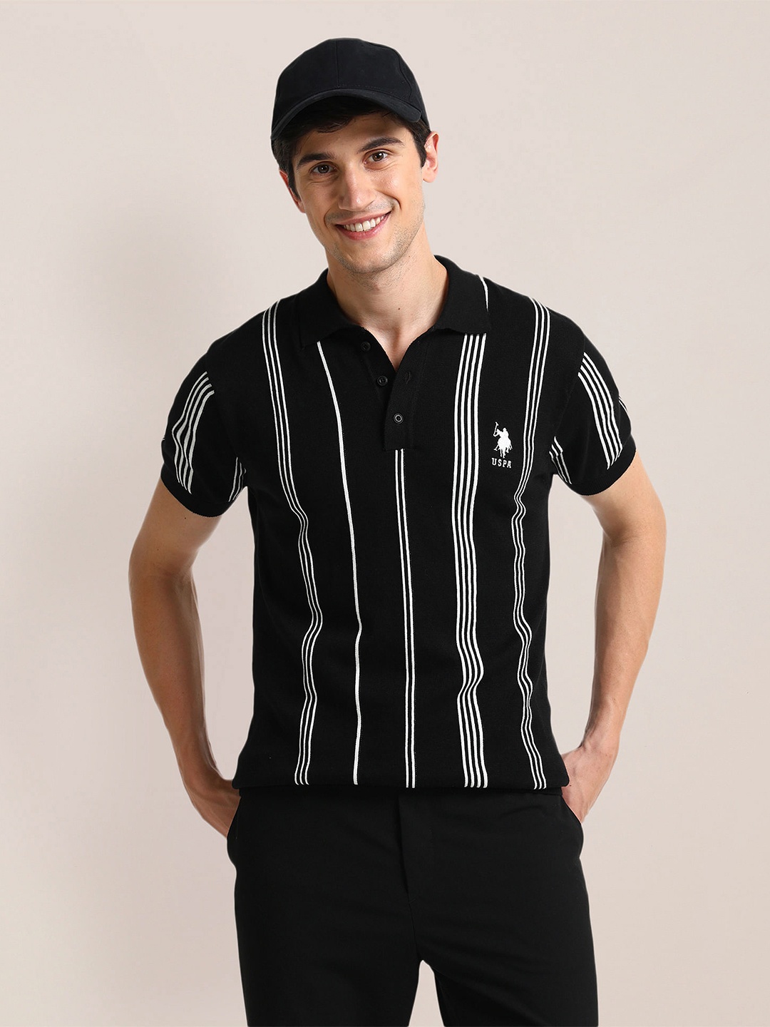 

U.S. Polo Assn. Men Striped Slim Fit Polo Tshirt, Black