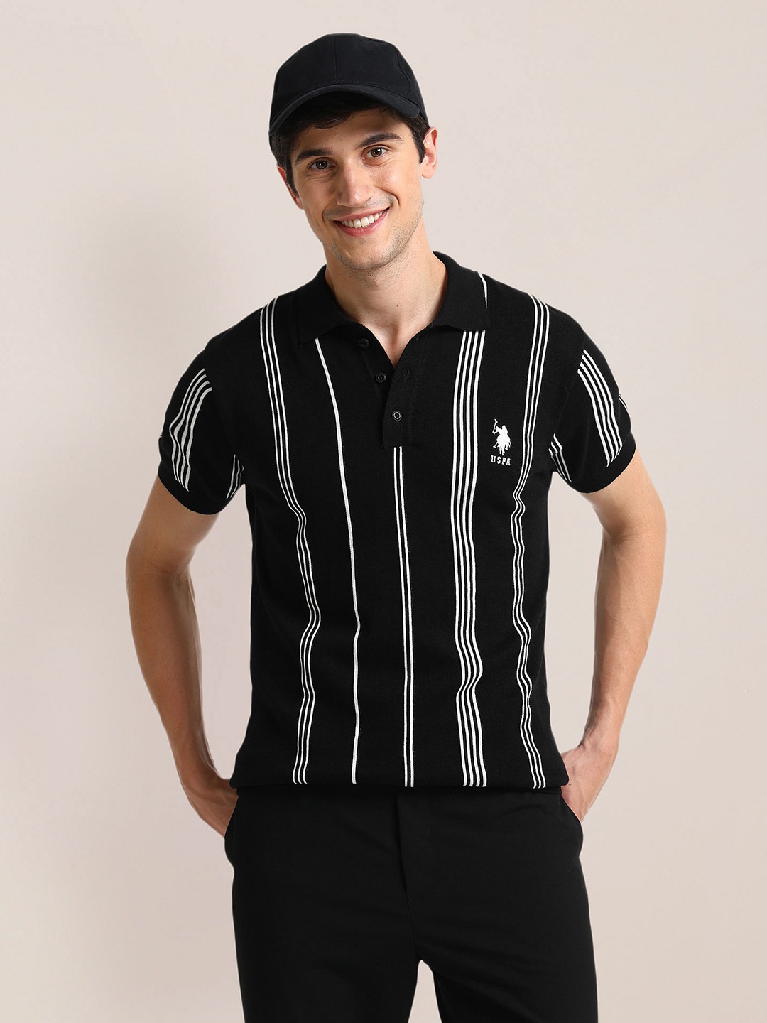 

U.S. Polo Assn. Men Striped Polo Collar Slim Fit T-shirt, Black