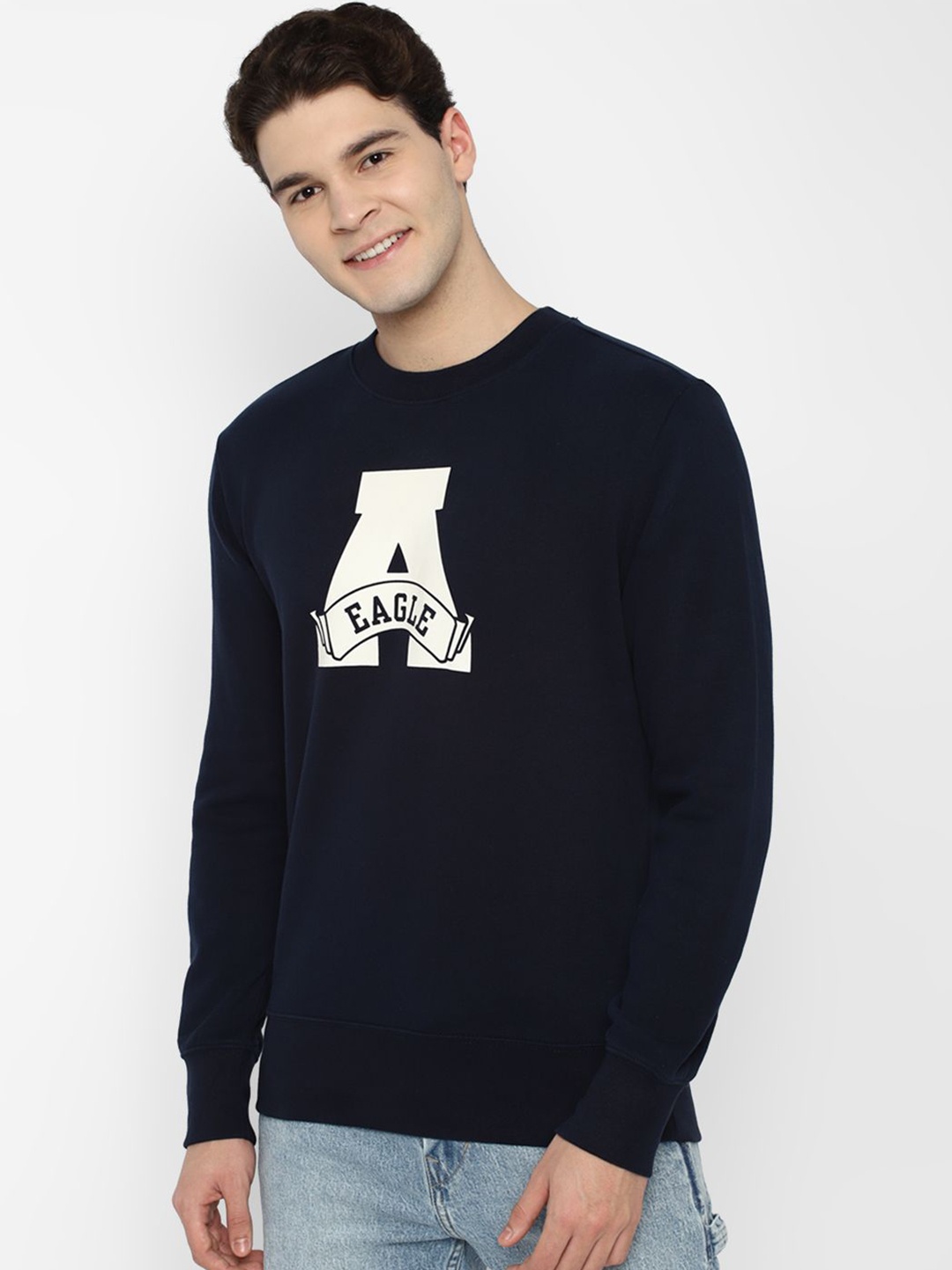 

AMERICAN EAGLE OUTFITTERS Typography Printed Round Neck Long Sleeves Pullover Sweatshirt, Navy blue