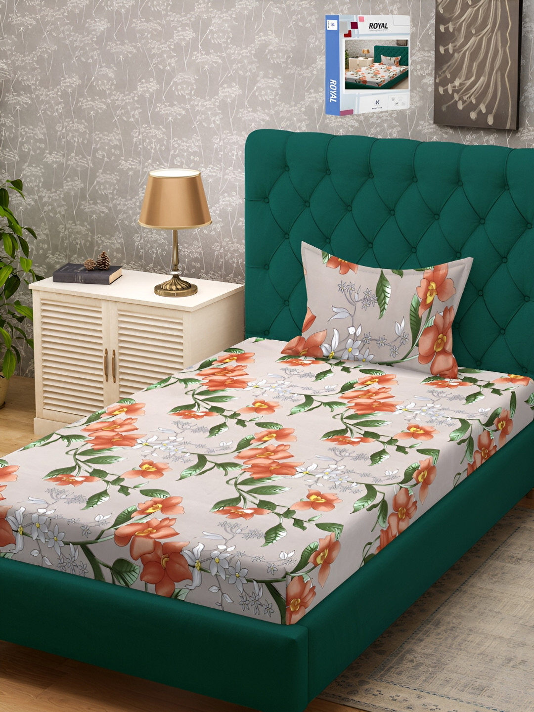 

KLOTTHE Floral 300 TC Cotton Blend Single Bedsheet Set, Beige