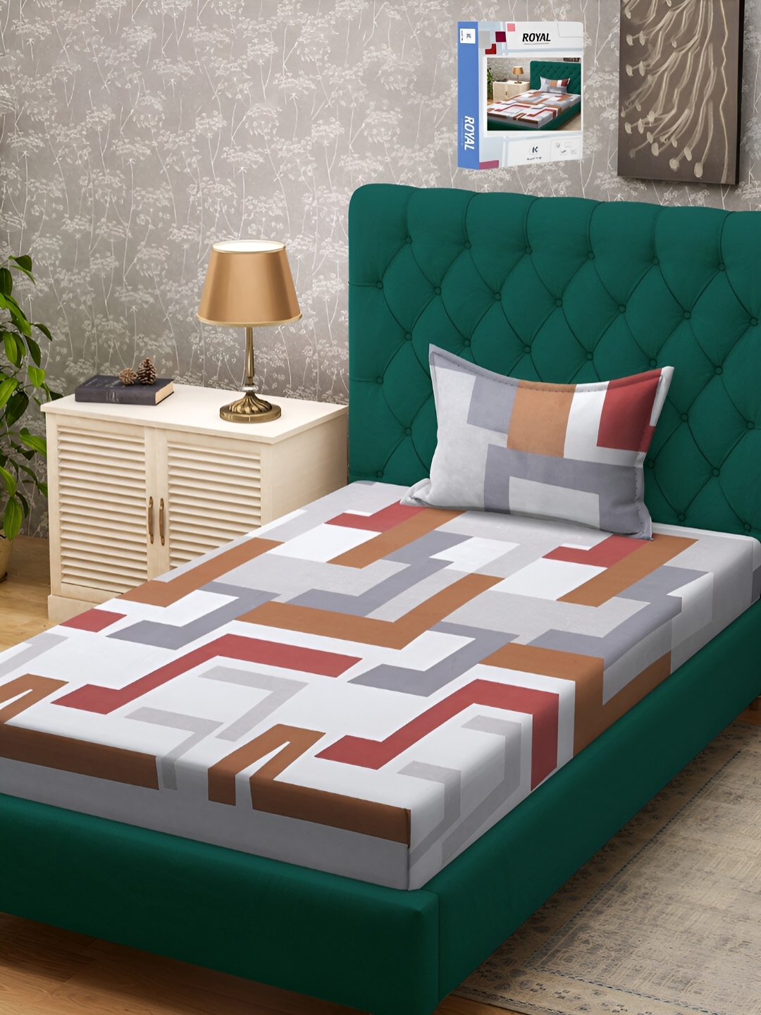 KLOTTHE Geometric Printed 300 TC Cotton Blend Single Bedsheet Set, Brown