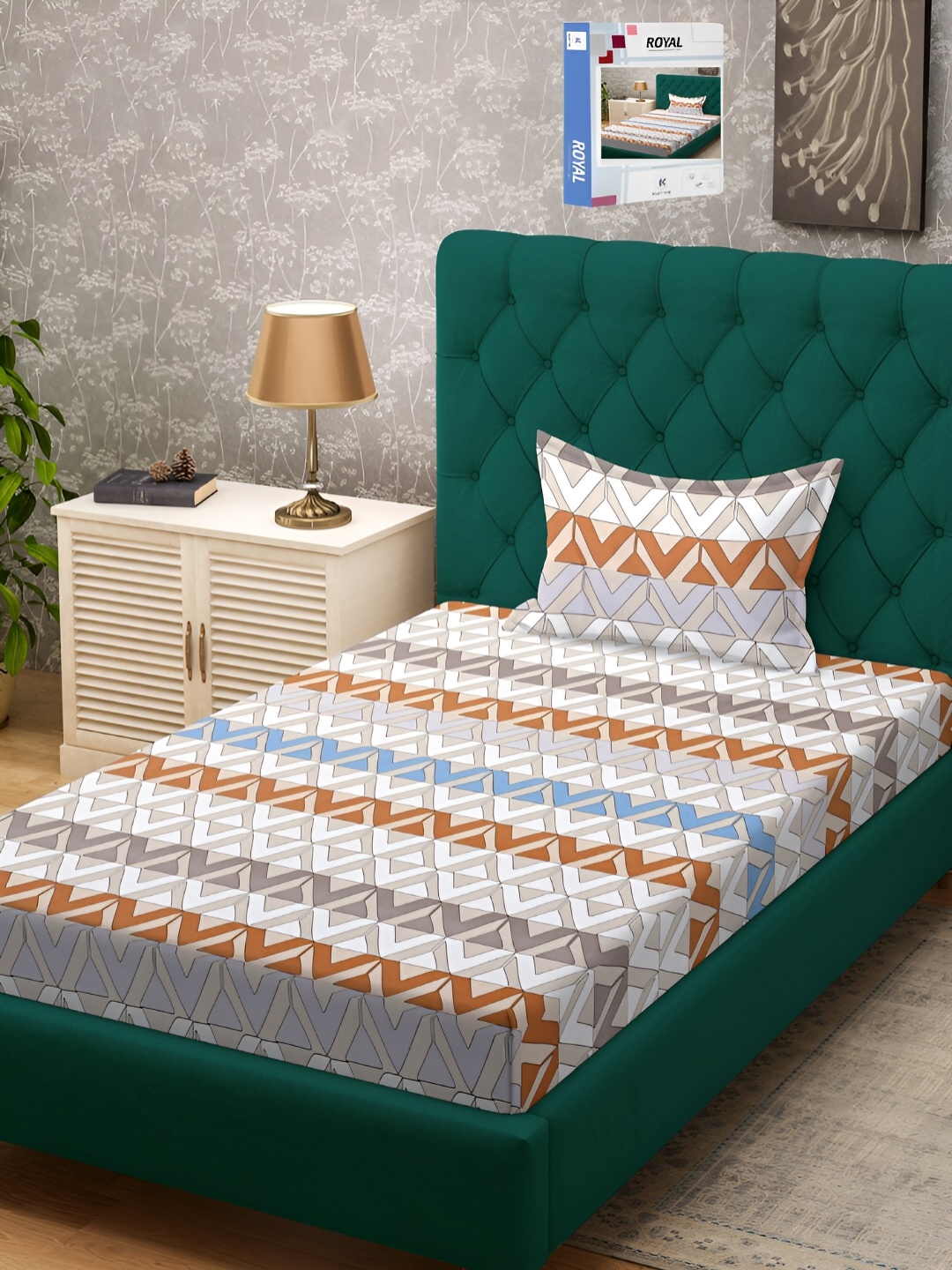 

KLOTTHE Geometric 300 TC Cotton Blend Single Bedsheet Set, Peach