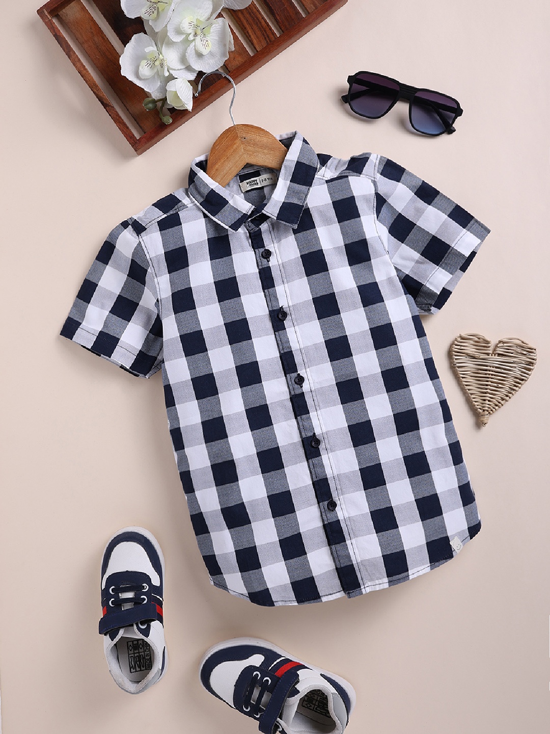 

Happy Faces Boys Opaque Cotton Checked Casual Shirt, Navy blue