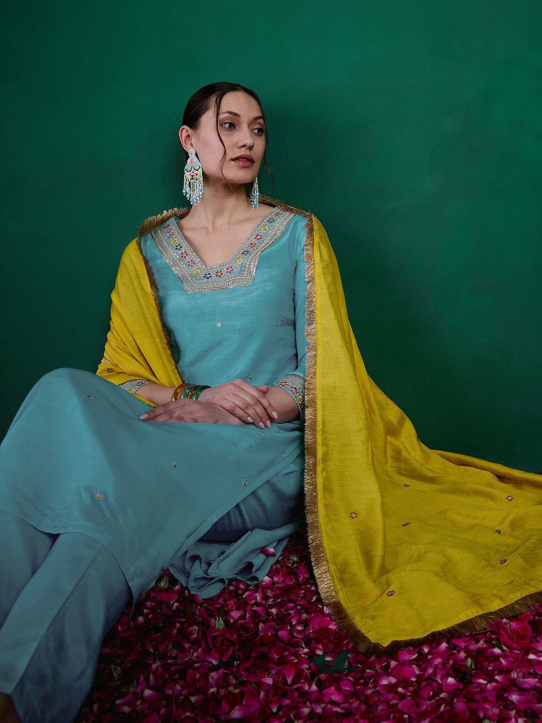 

Sangria Embroidered Zari & Sequence V-Neck Kurta With Trousers & Dupatta, Turquoise blue