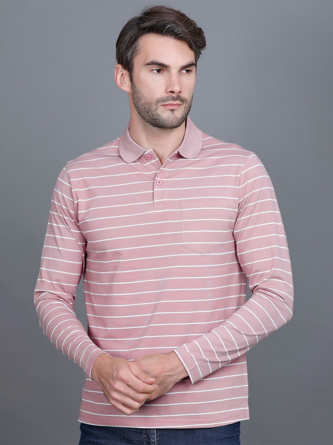 

GODFREY Men Striped Regular Fit Polo T-shirt, Pink