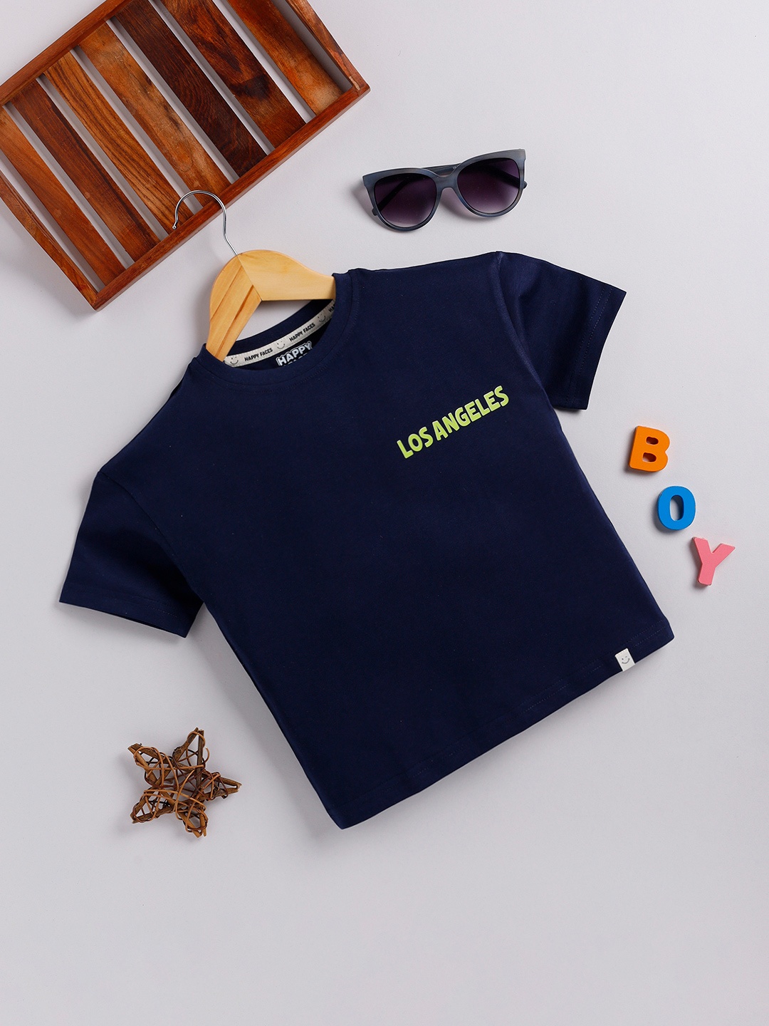 

Happy Faces Boys Typography Printed Drop-Shoulders Pure Cotton T-shirt, Navy blue