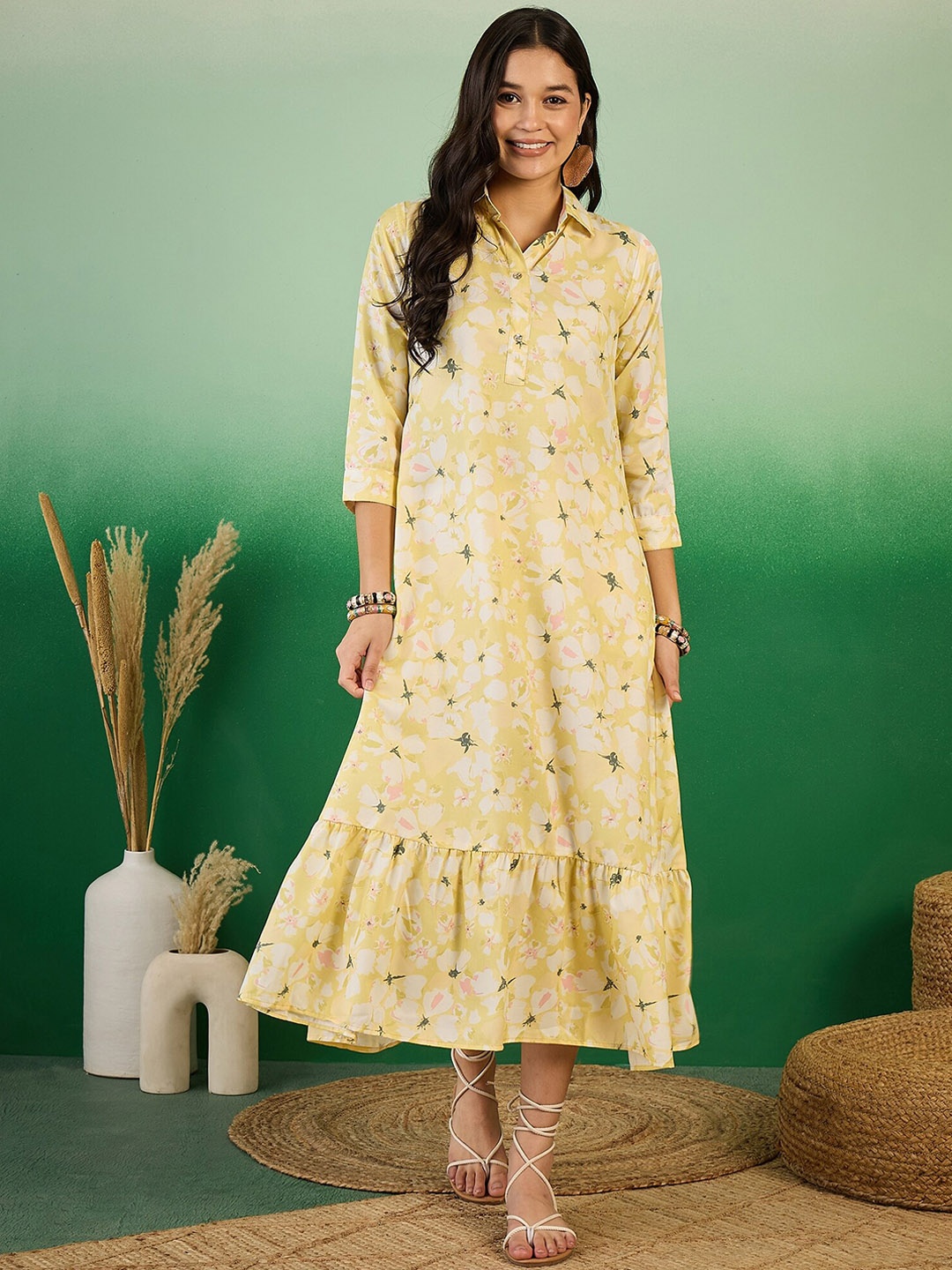 

Sangria Yellow Floral Printed Shirt Collar A-Line Midi Ethnic Dress