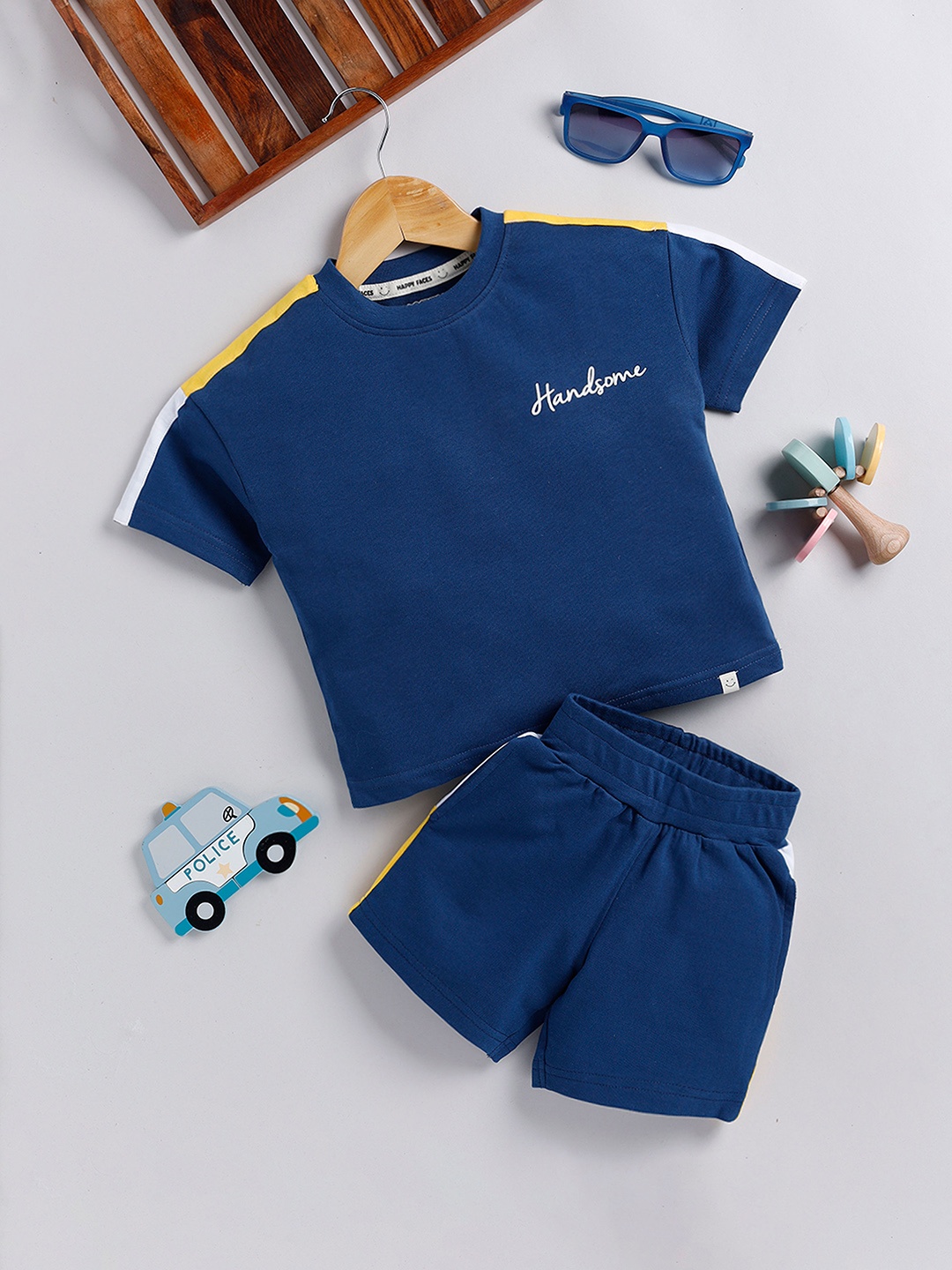 

Happy Faces Boys Typography Printed Cotton T-shirt with Shorts, Navy blue