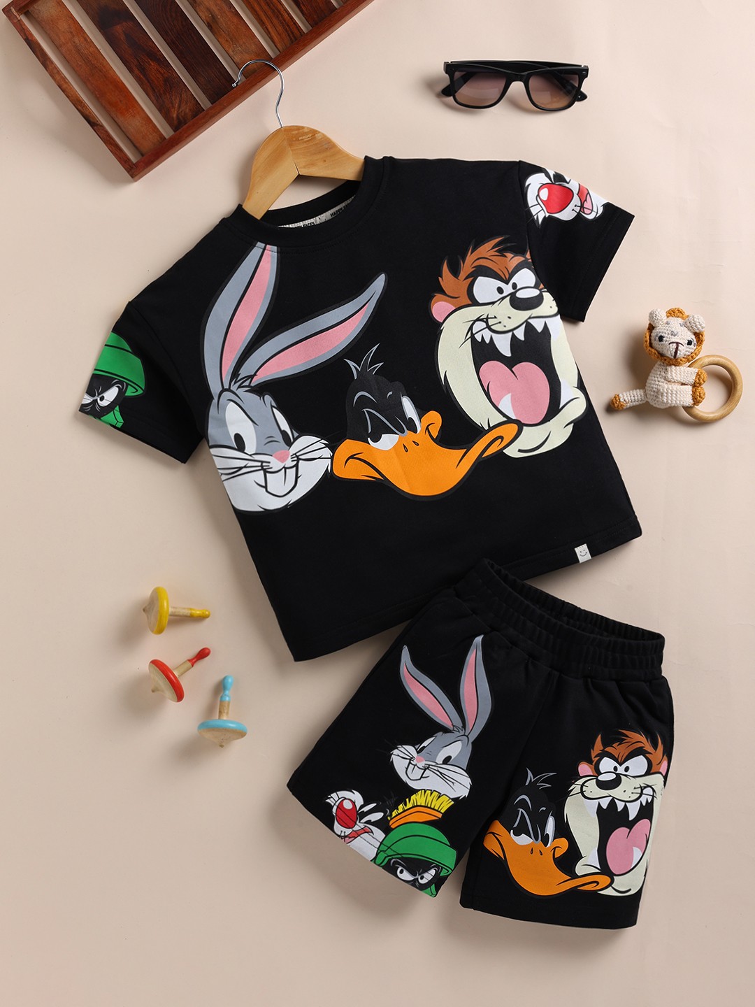 

Happy Faces Boys Pure Cotton Looney Tunes Printed T-shirt with Shorts, Black