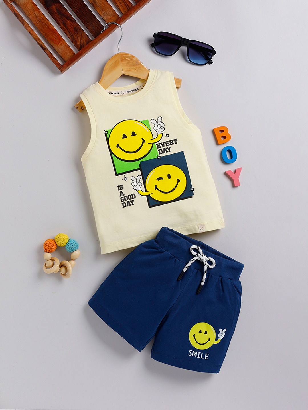 Happy Faces Boys Pure Cotton Printed T-shirt with Shorts, Yellow