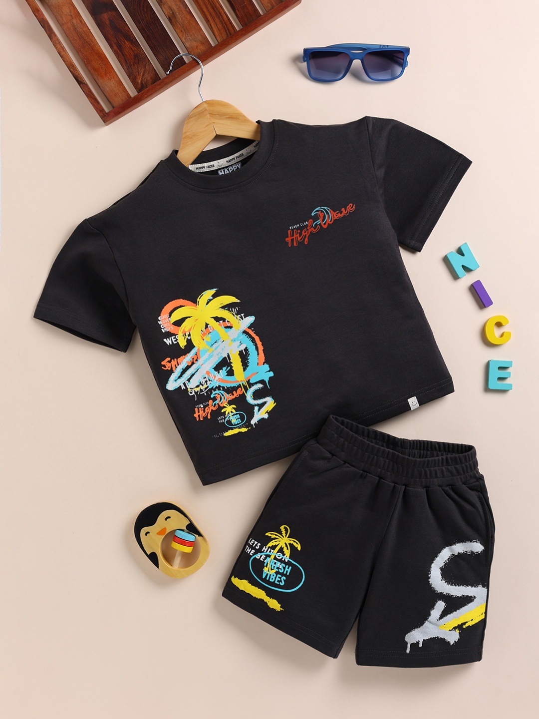 

Happy Faces Boys Pure Cotton Printed T-shirt with Shorts, Charcoal