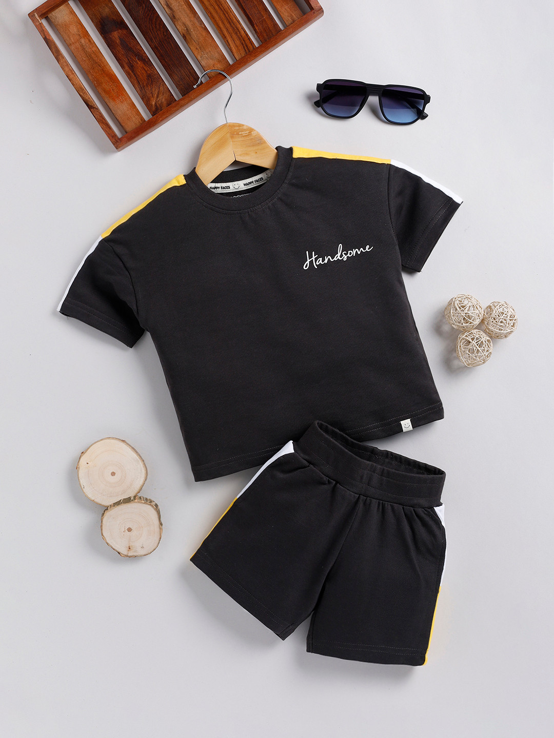 

Happy Faces Boys Typography Printed Cotton T-shirt with Shorts, Charcoal