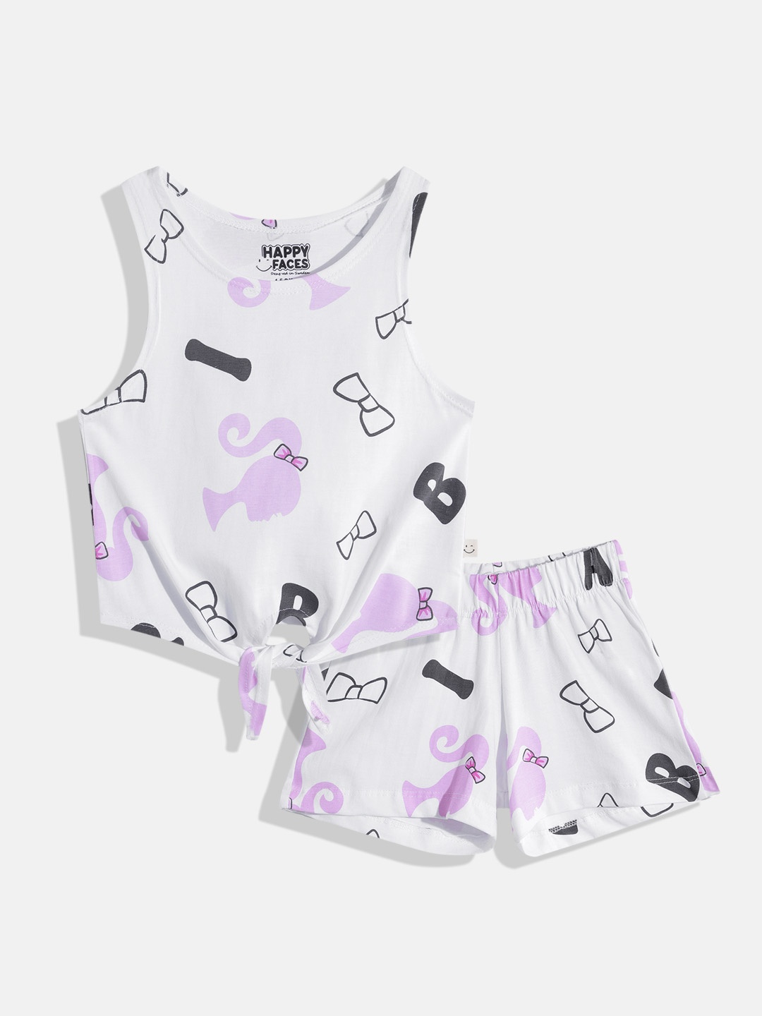 

Happy Faces Girls Printed Top with Shorts, White