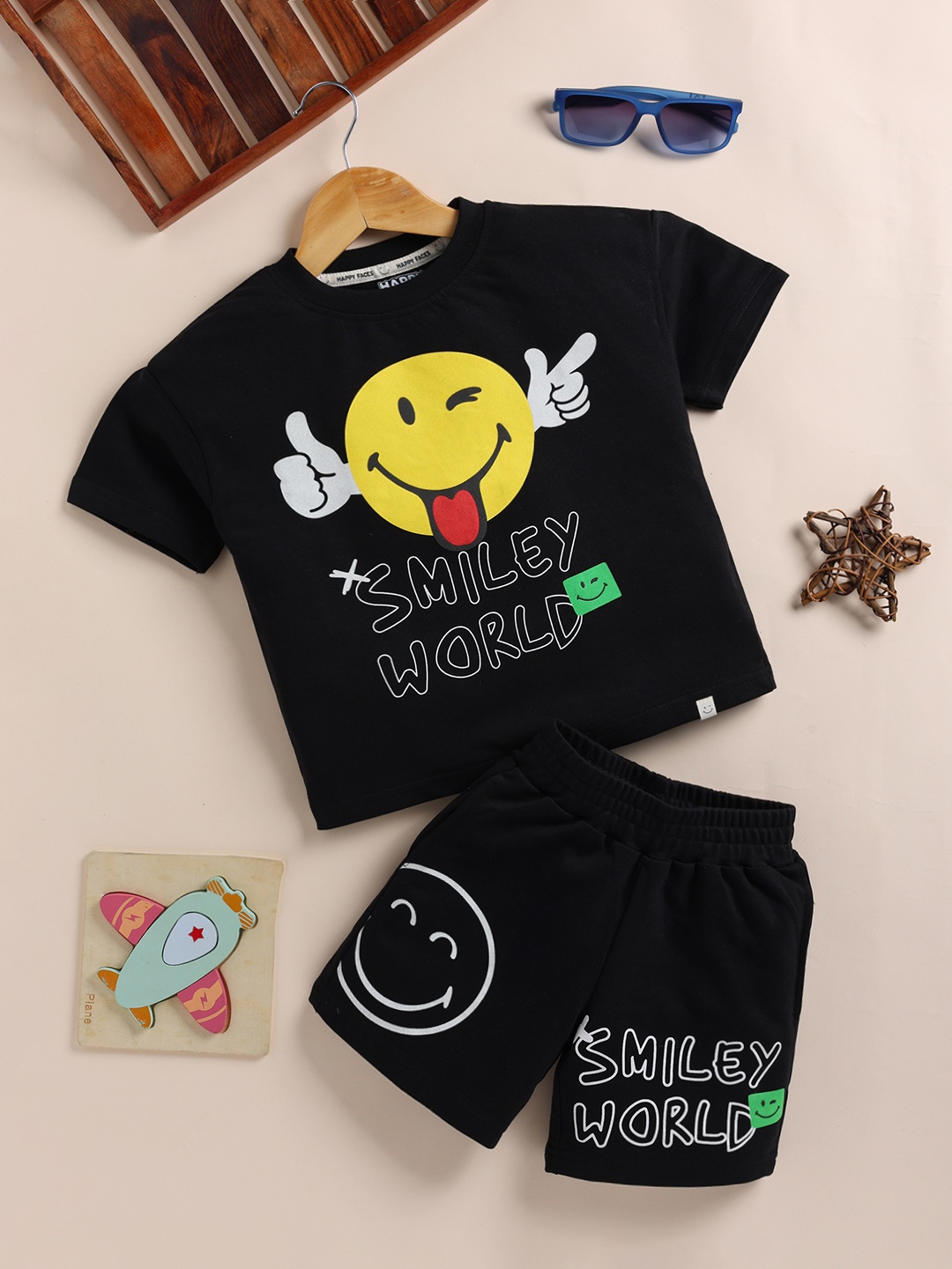 

Happy Faces Boys Pure Cotton Smiley Printed T-shirt with Shorts, Black