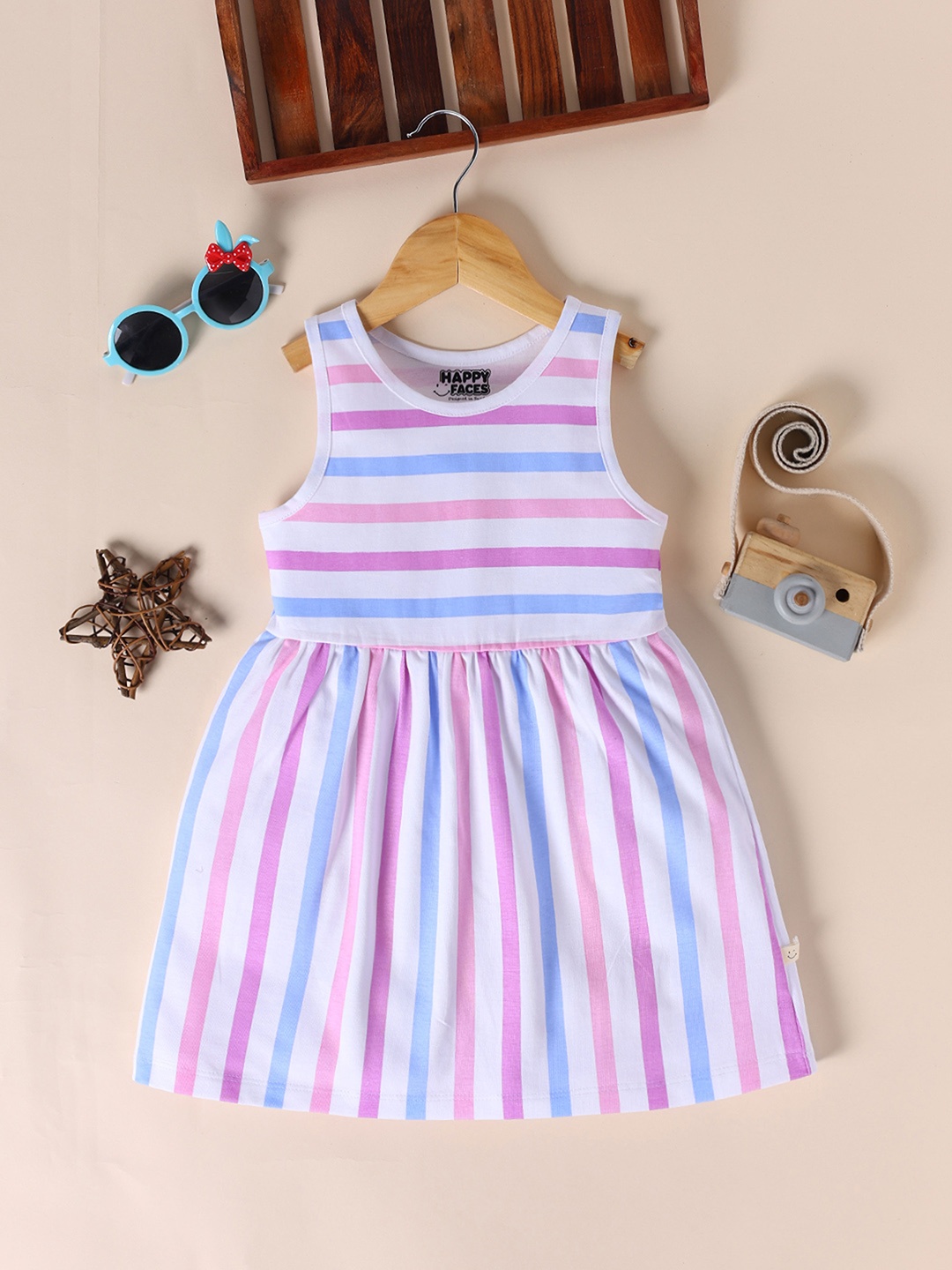 

Happy Faces Girls Cotton Striped A-Line Dress, White