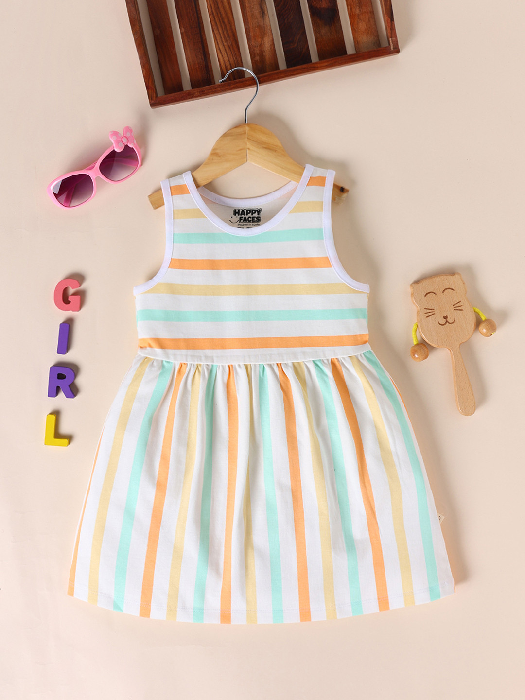 

Happy Faces Girls Cotton Striped A-Line Dress, White