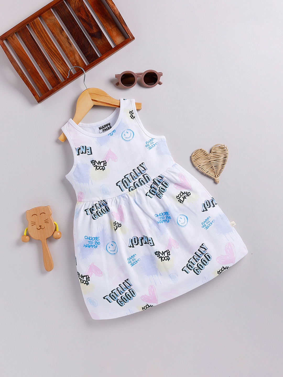 

Happy Faces Girls Cotton Typography Print A-Line Dress, White